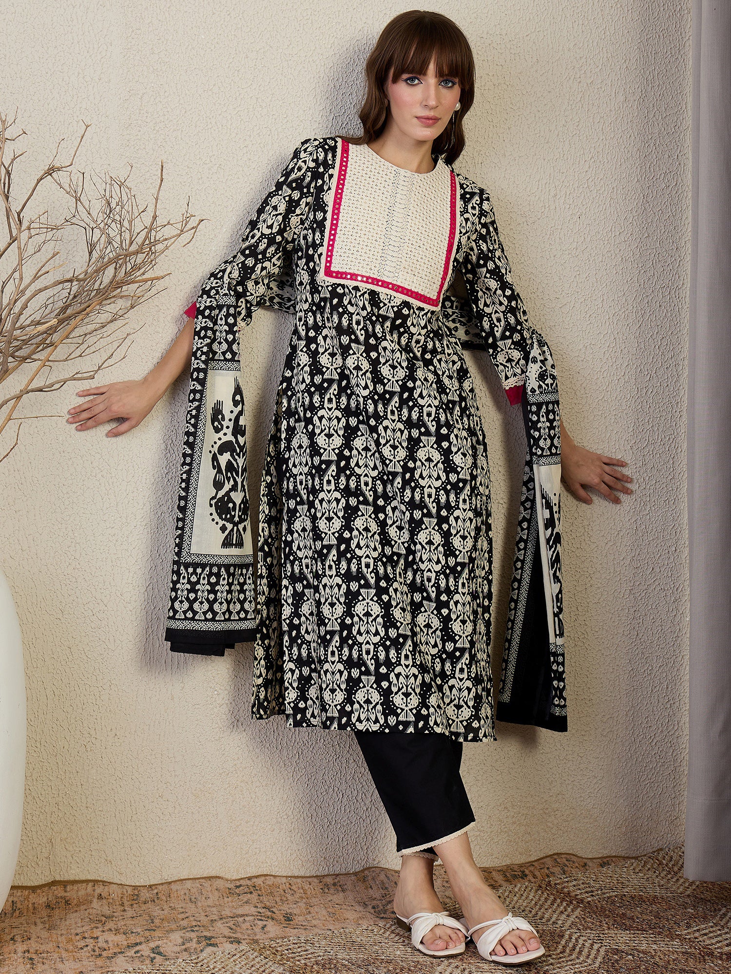 Indo Era Black Printed Straight Kurta Trousers With Dupatta set- IE