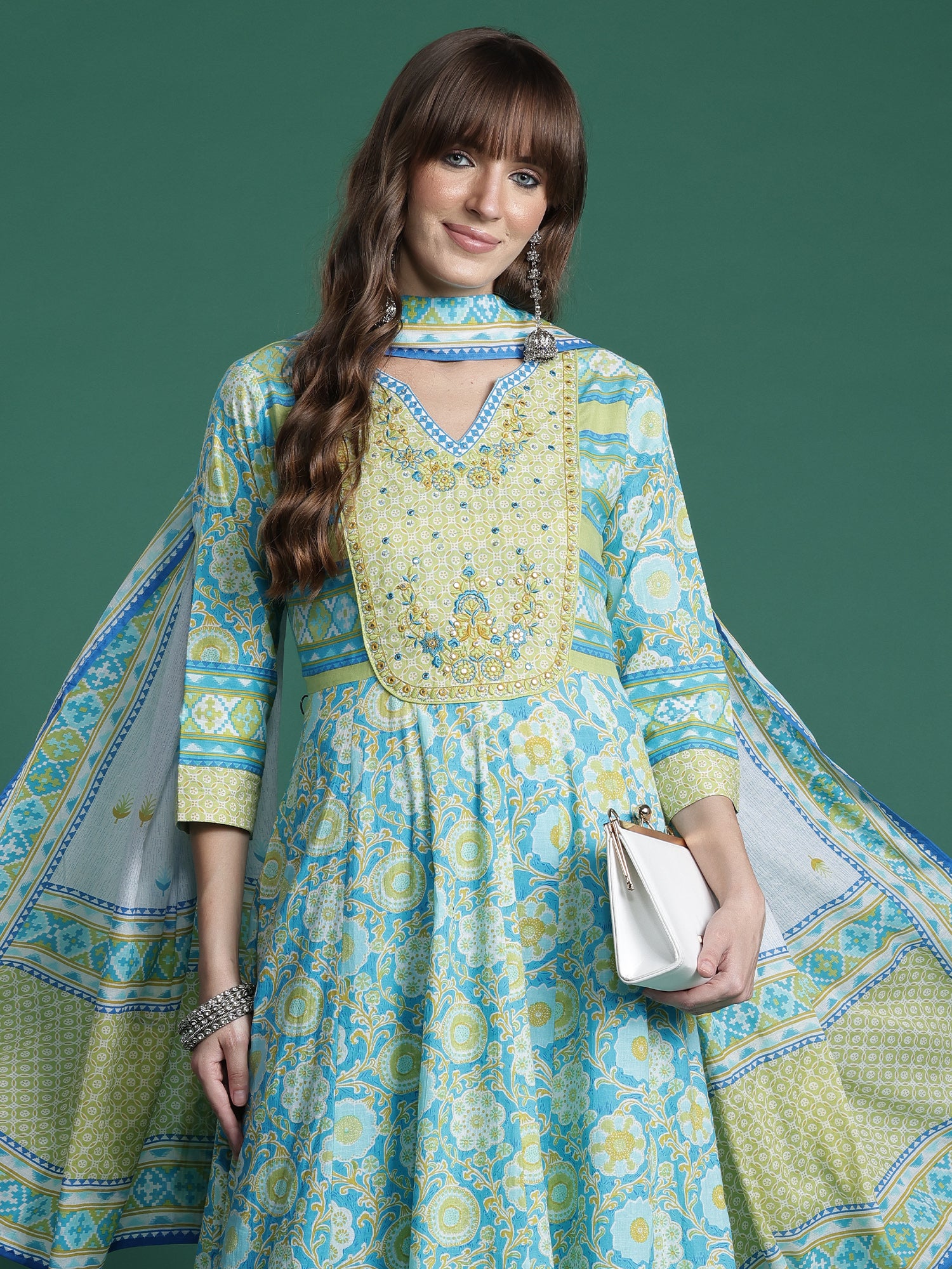 Indo era Blue Embroidered A-Line Kurta Trousers With Dupatta Set- IE