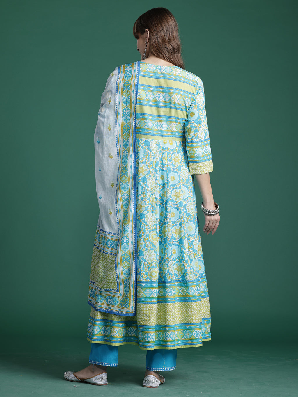 Indo era Blue Embroidered A-Line Kurta Trousers With Dupatta Set- IE
