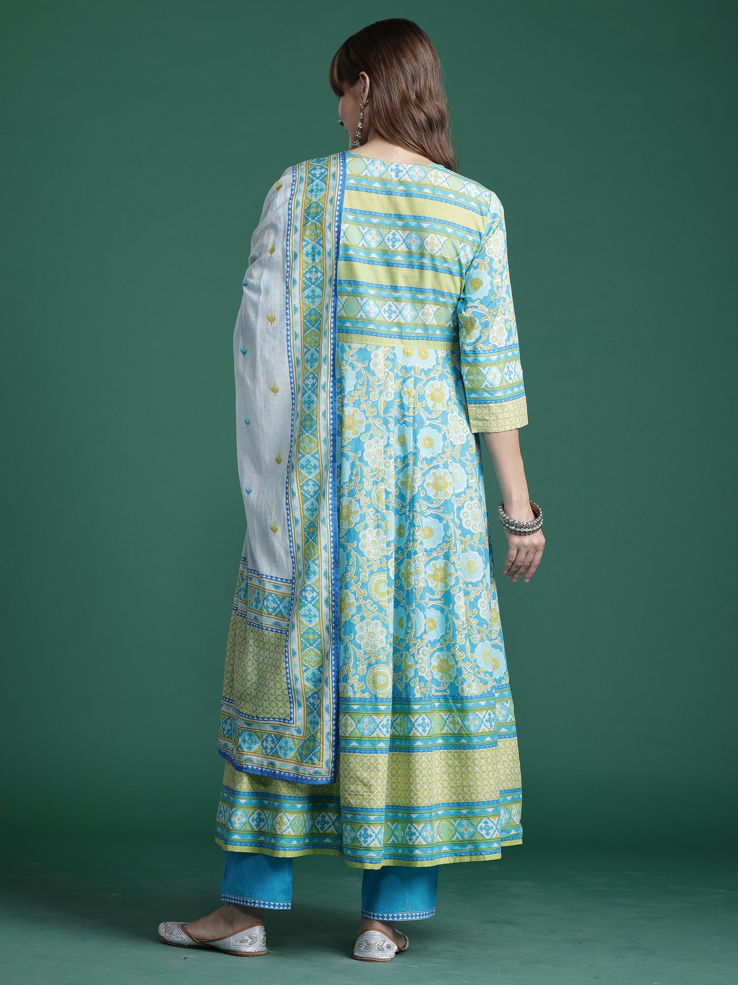 Indo era Blue Embroidered A-Line Kurta Trousers With Dupatta Set- IE