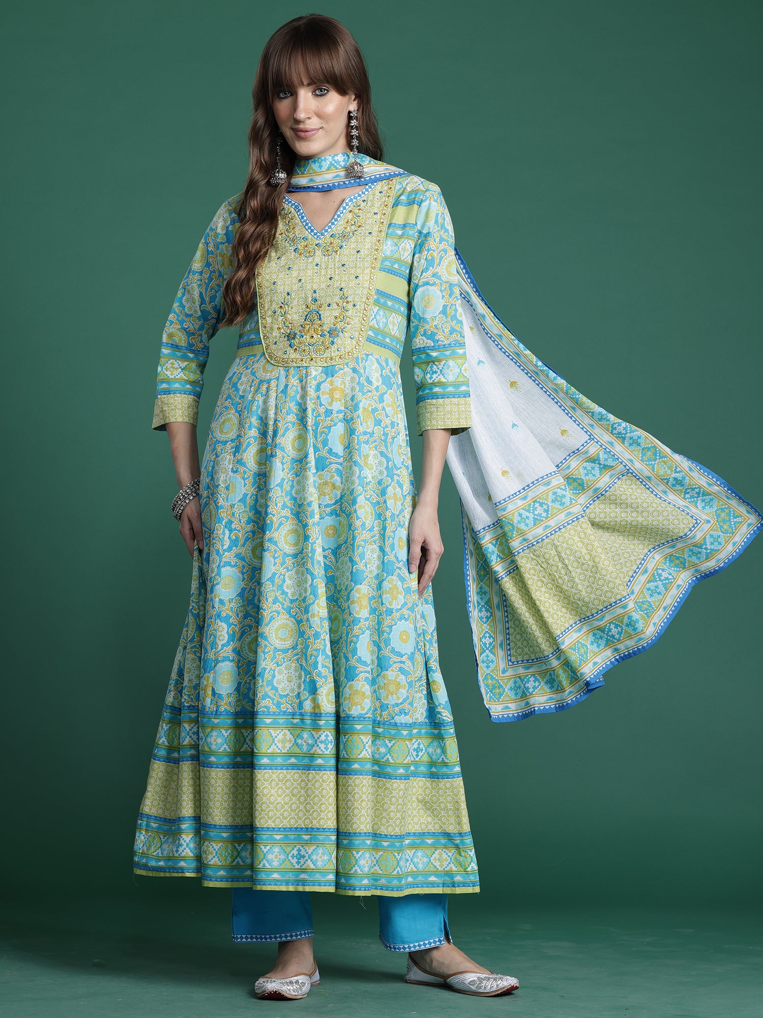 Indo era Blue Embroidered A-Line Kurta Trousers With Dupatta Set- IE