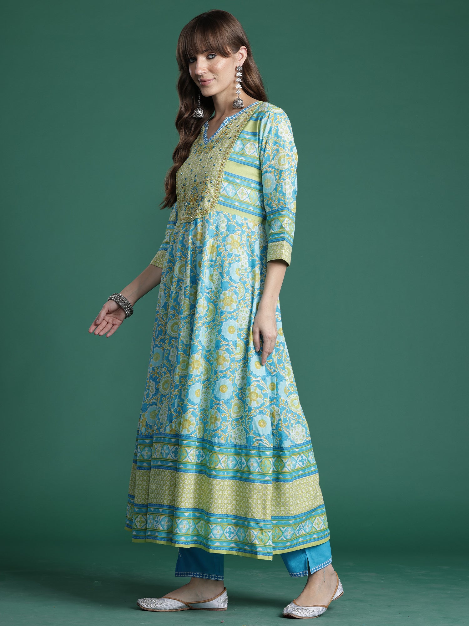 Indo era Blue Embroidered A-Line Kurta Trousers With Dupatta Set- IE