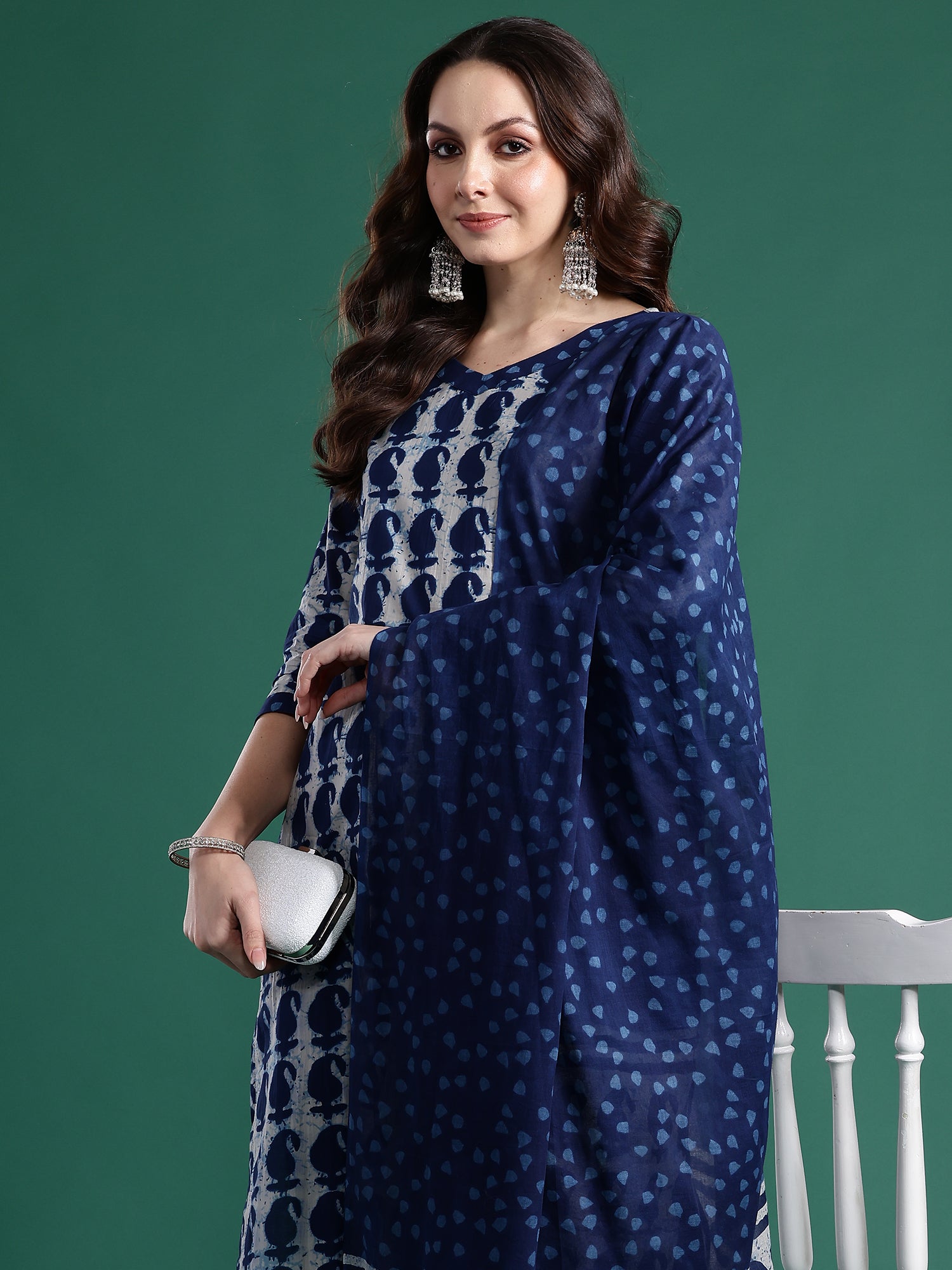 Indo Era Blue Printed Straight Kurta Trousers With Dupatta Set- IE