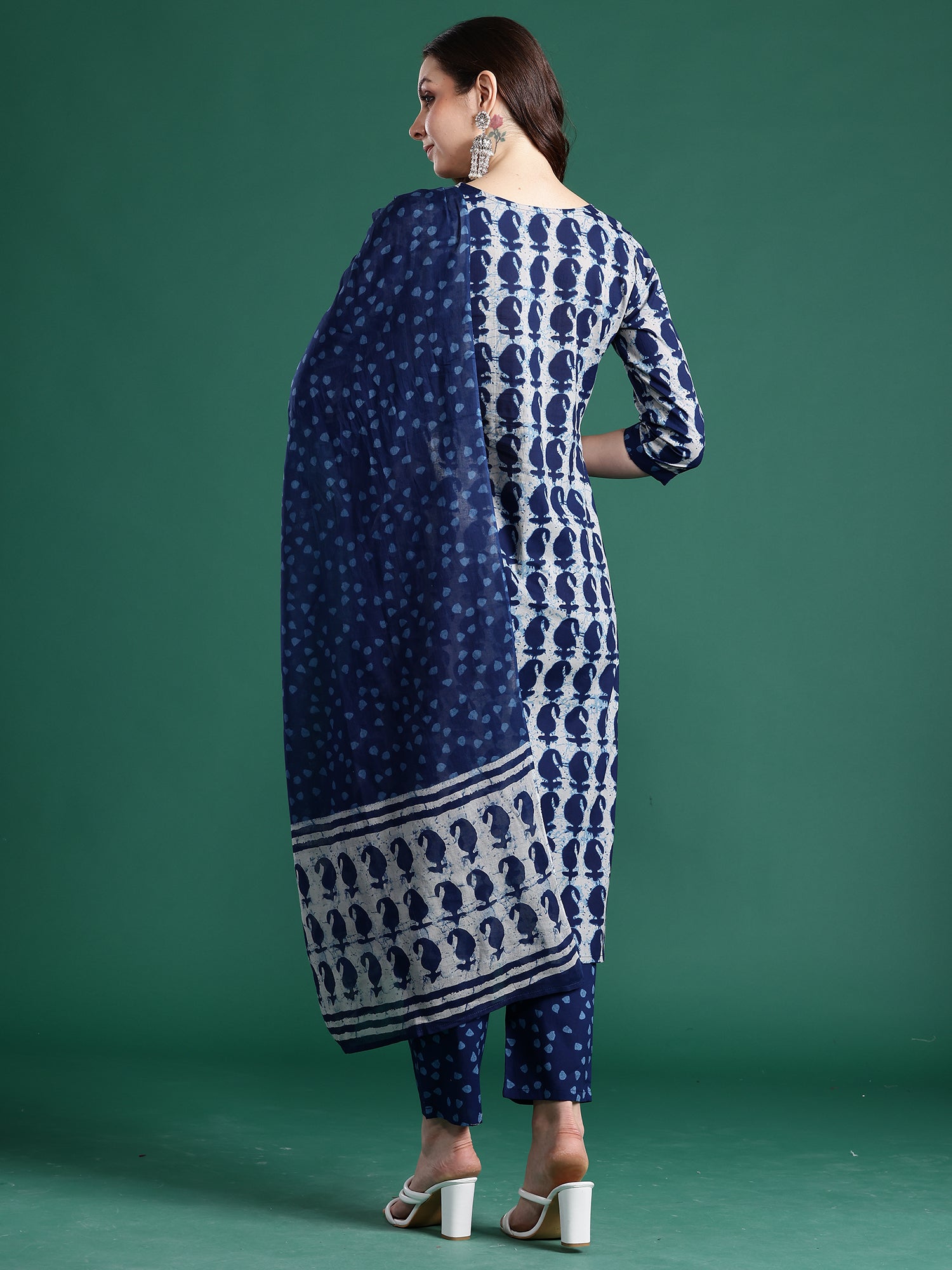 Indo Era Blue Printed Straight Kurta Trousers With Dupatta Set- IE