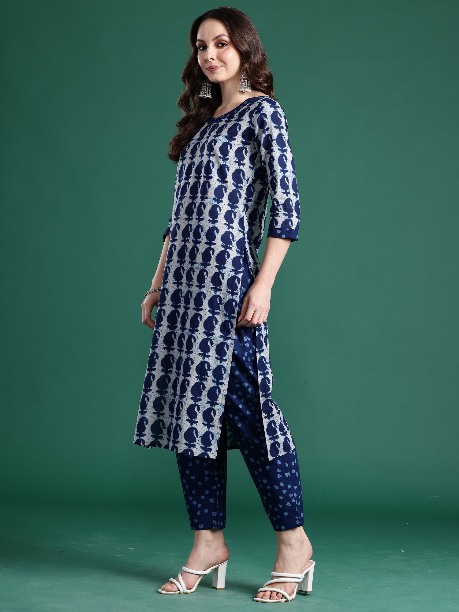 Indo Era Blue Printed Straight Kurta Trousers With Dupatta Set- IE