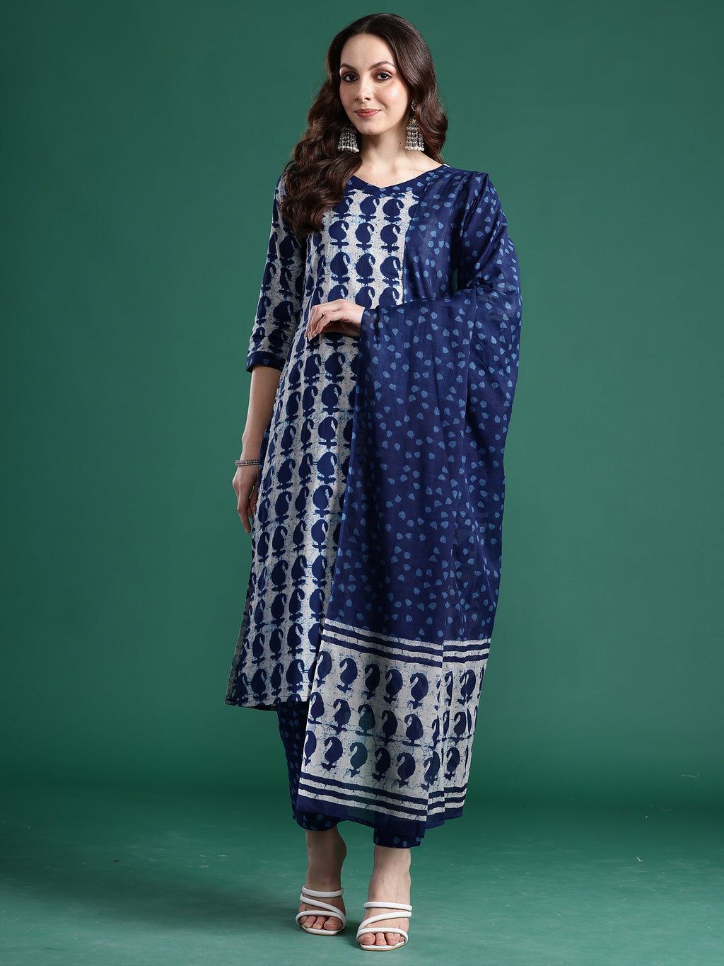Indo Era Blue Printed Straight Kurta Trousers With Dupatta Set- IE