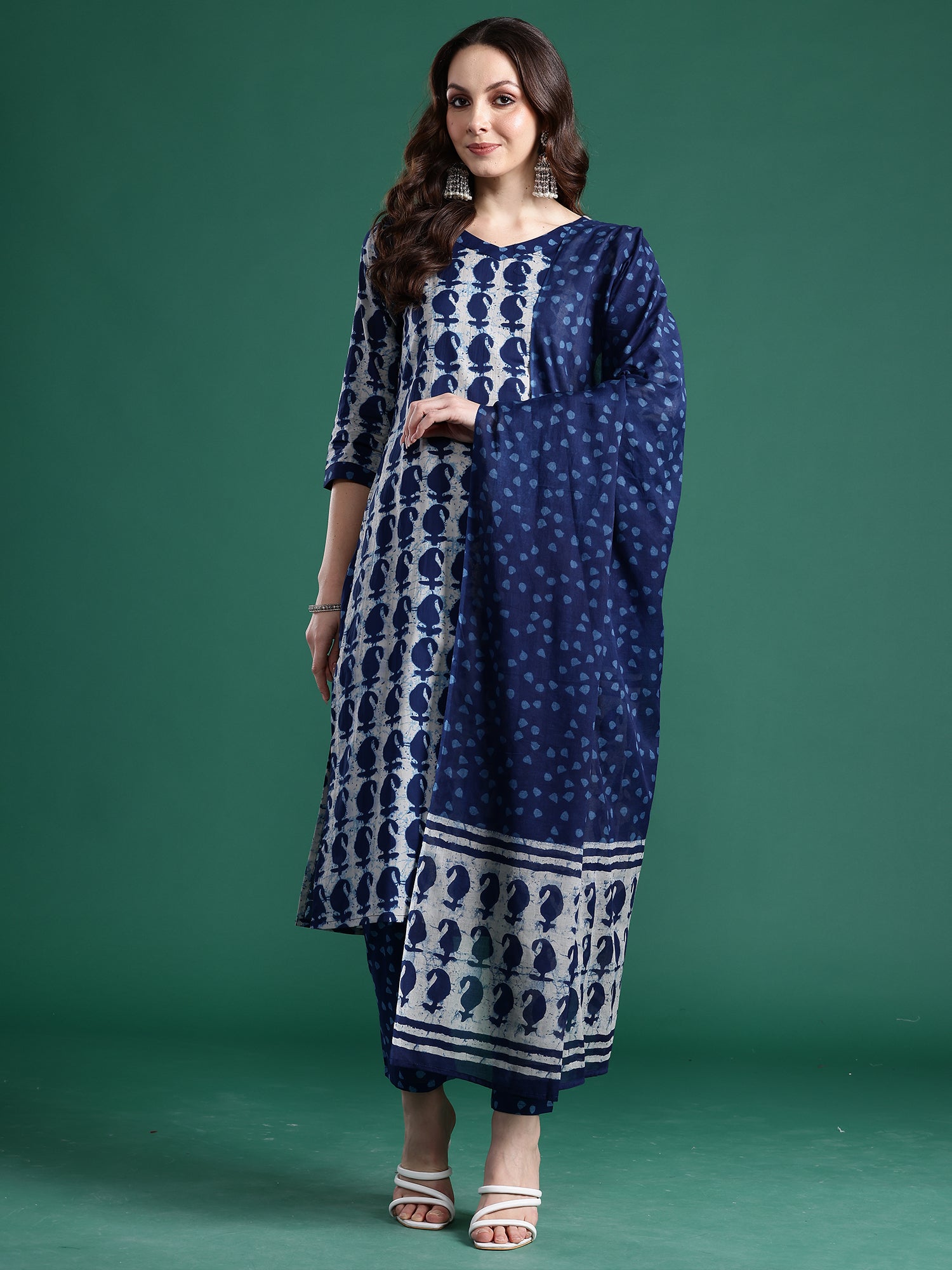 Indo Era Blue Printed Straight Kurta Trousers With Dupatta Set- IE