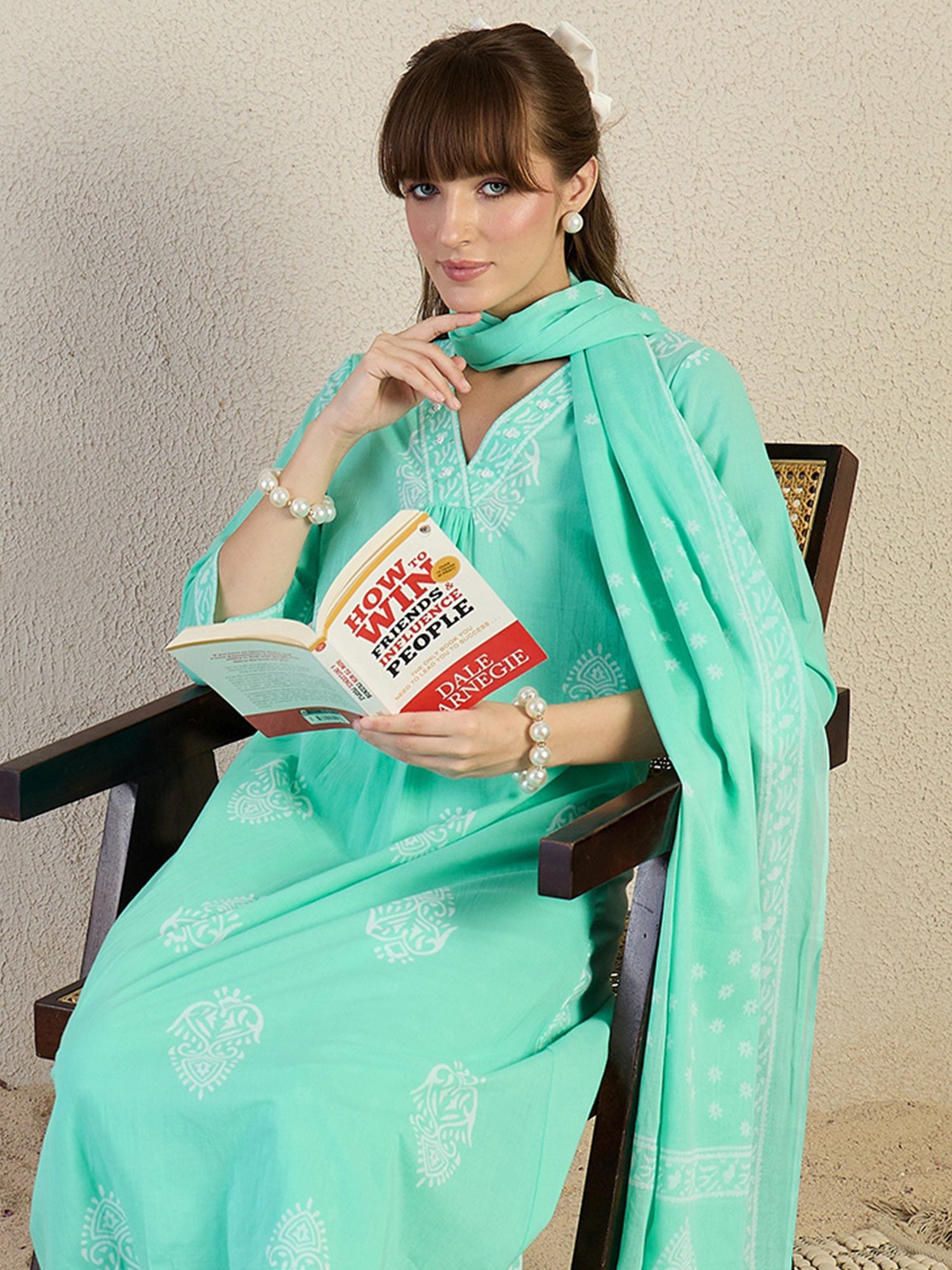 Indo Era Blue Printed Straight Kurta Trousers With Dupatta Set- IE