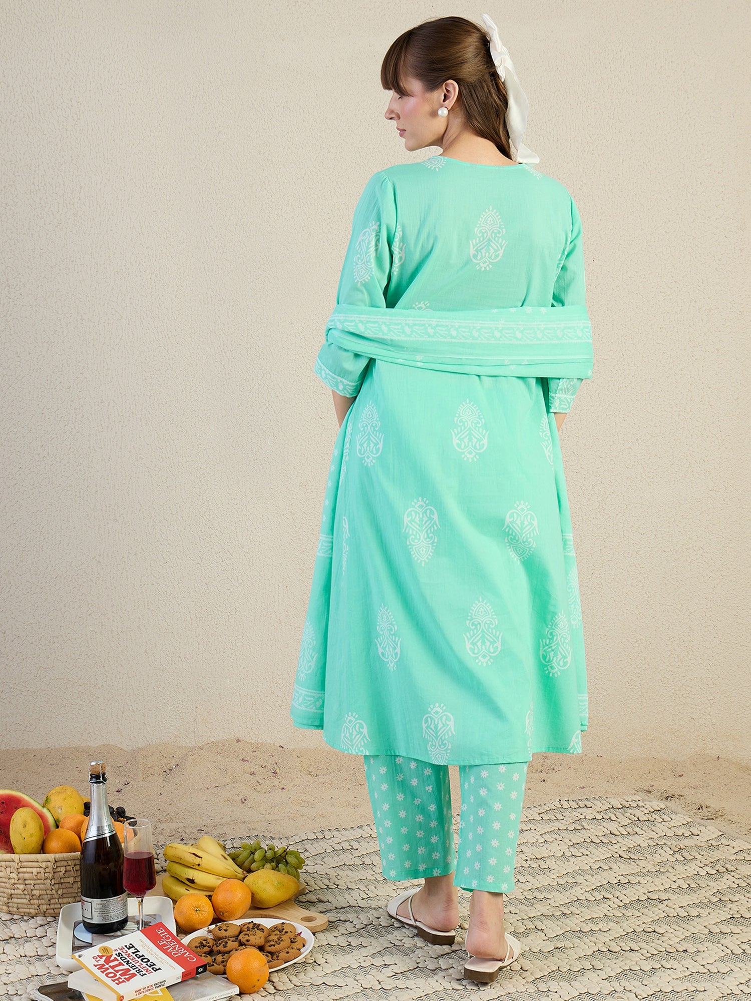 Indo Era Blue Printed Straight Kurta Trousers With Dupatta Set- IE