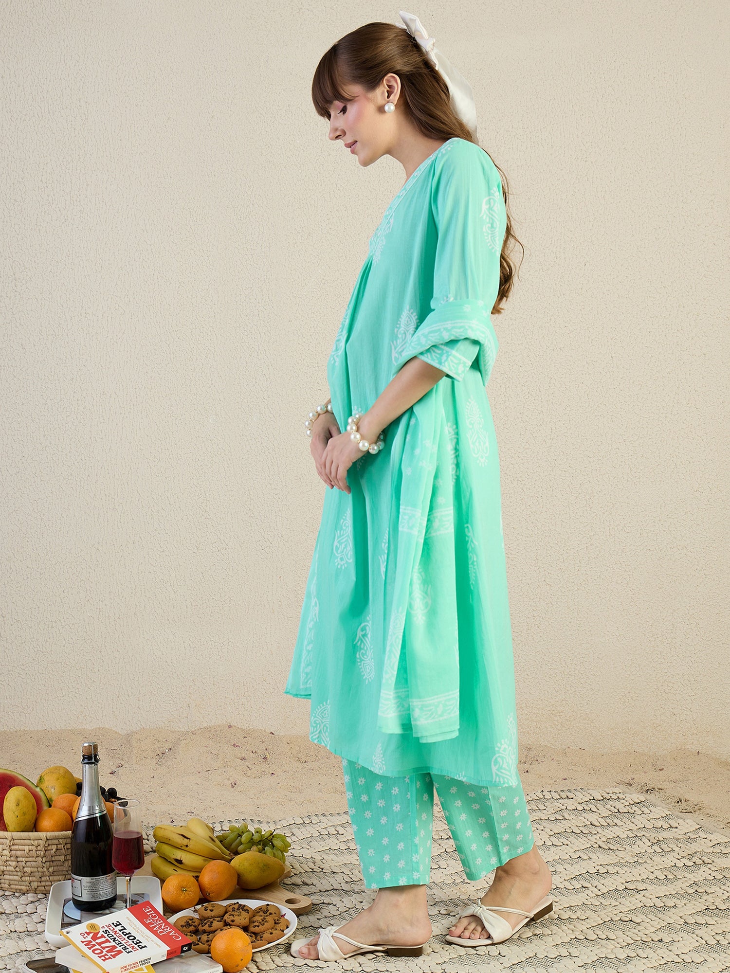 Indo Era Blue Printed Straight Kurta Trousers With Dupatta Set- IE