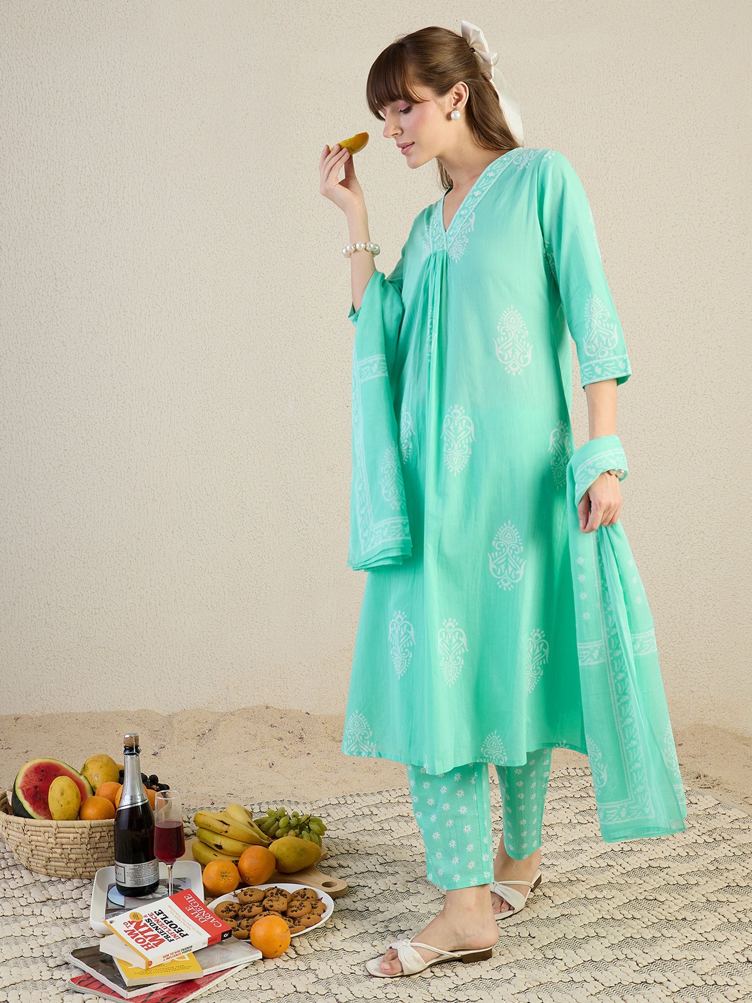 Indo Era Blue Printed Straight Kurta Trousers With Dupatta Set- IE
