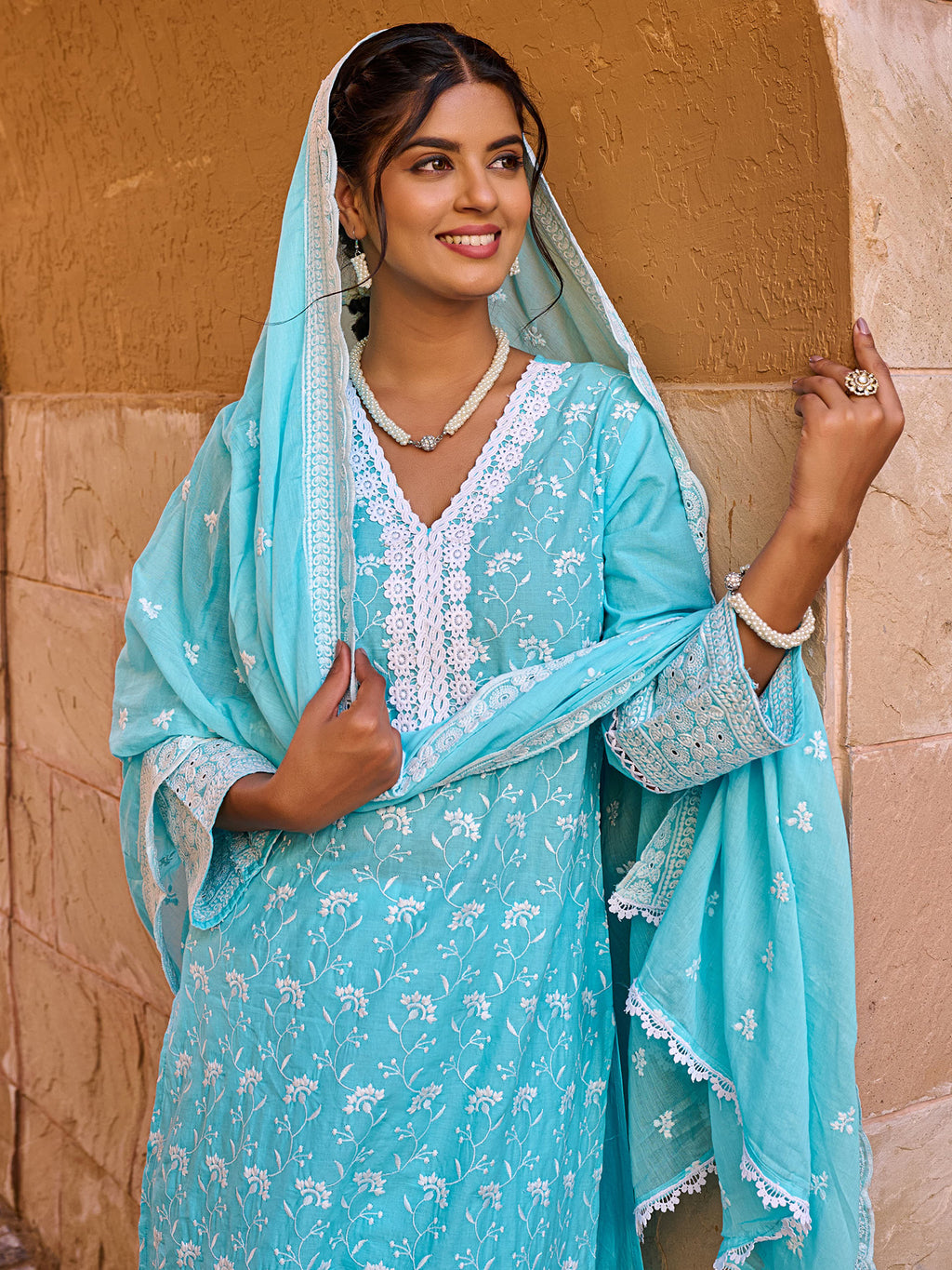 Indo Era Blue Embroidered Straight Kurta Trousers With Dupatta set- IE