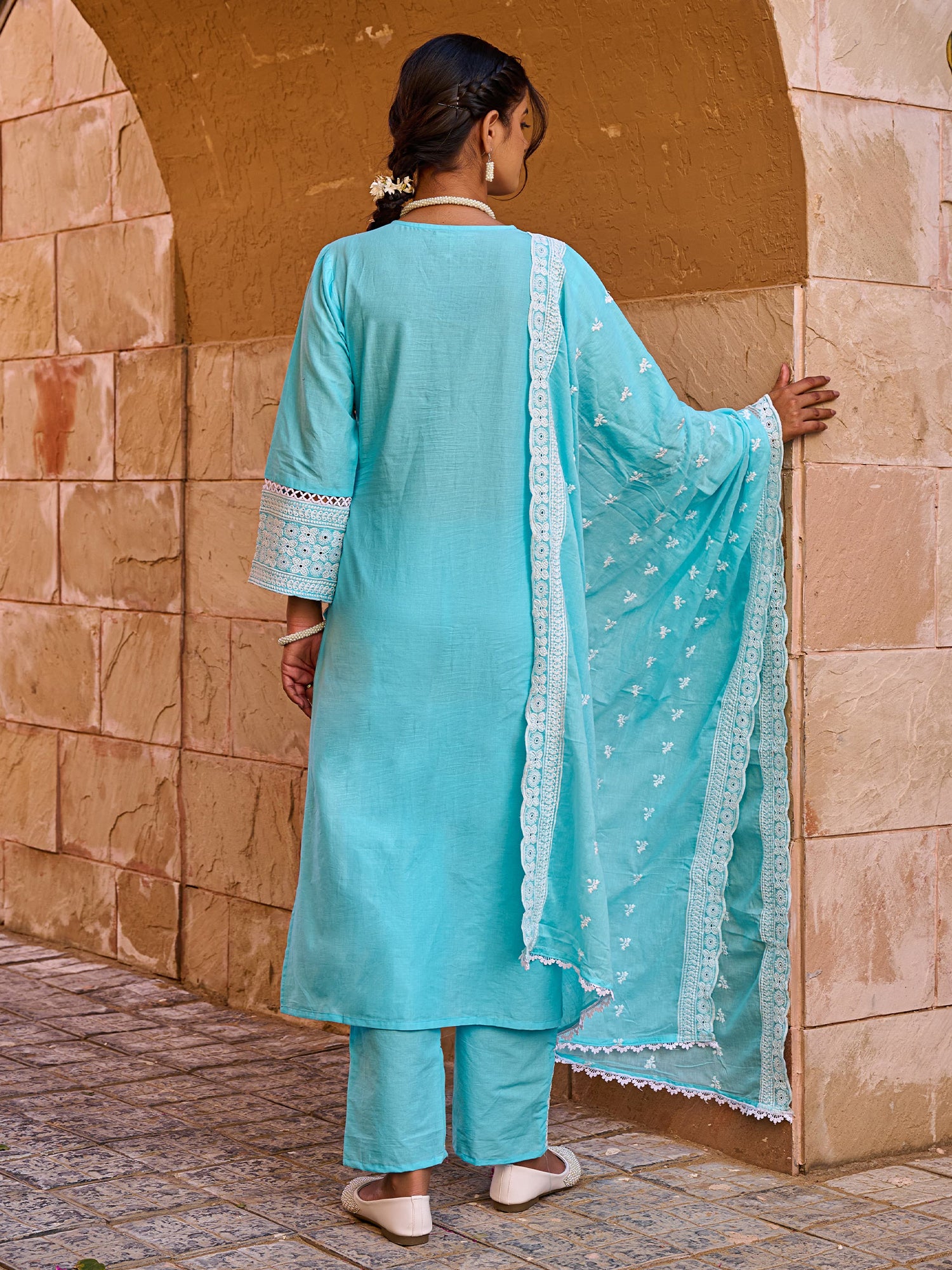 Indo Era Blue Embroidered Straight Kurta Trousers With Dupatta set- IE