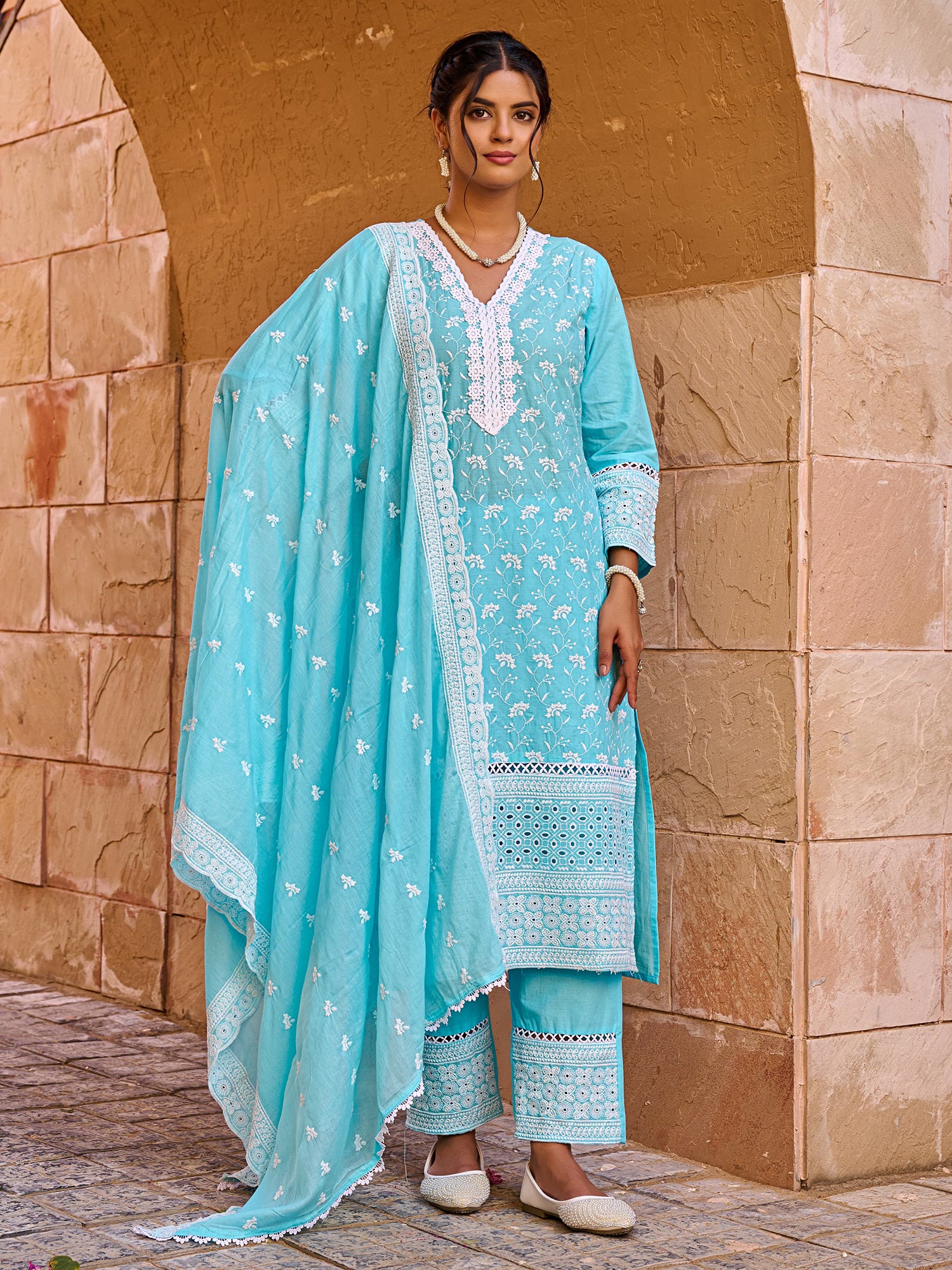 Indo Era Blue Embroidered Straight Kurta Trousers With Dupatta set- IE