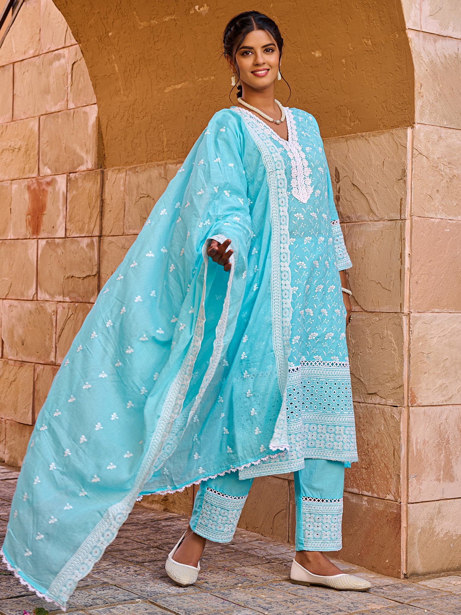 Indo Era Blue Embroidered Straight Kurta Trousers With Dupatta set- IE