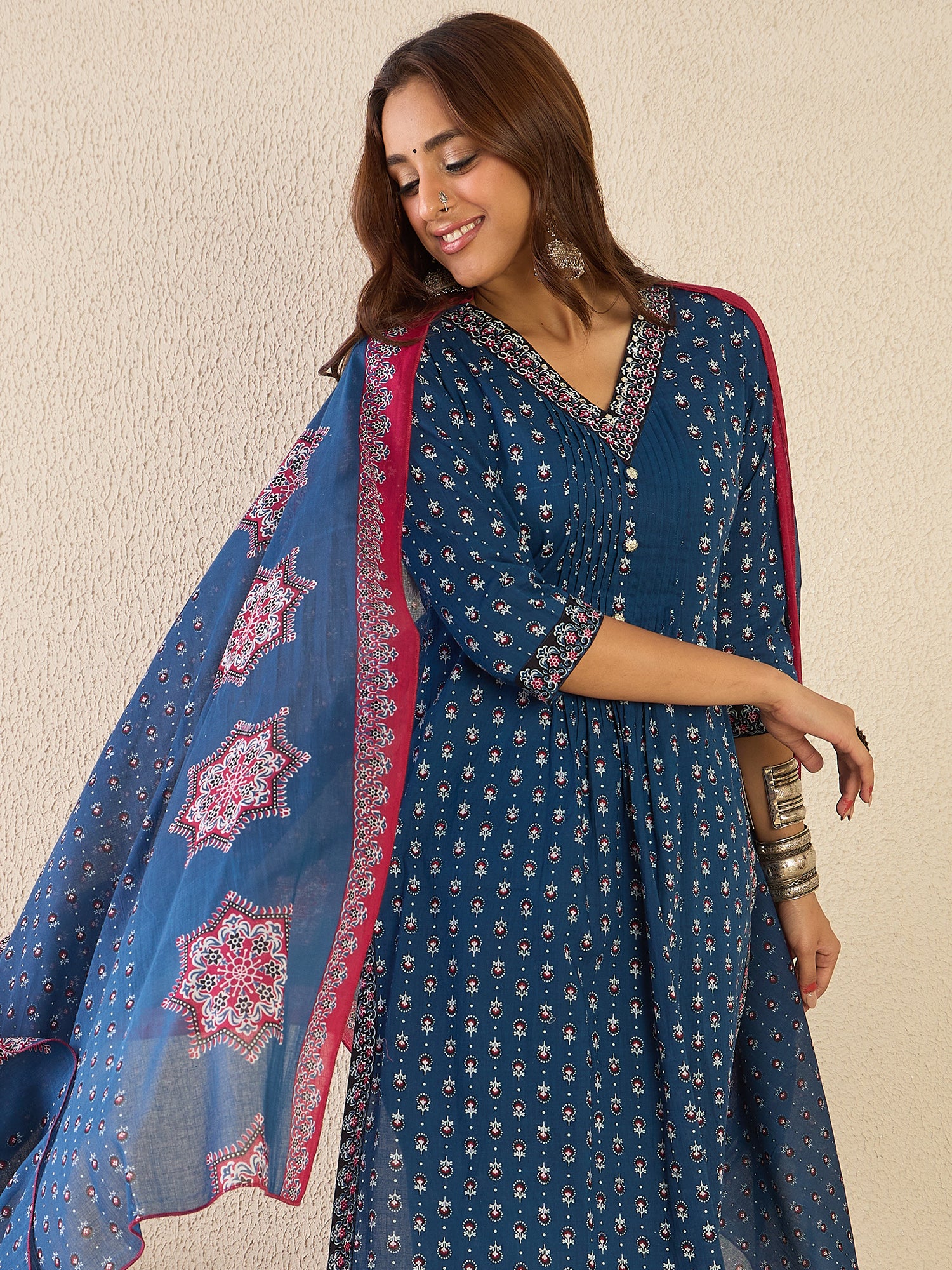 Indo Era Blue Printed A-Line Kurta Trousers With Dupatta set- IE