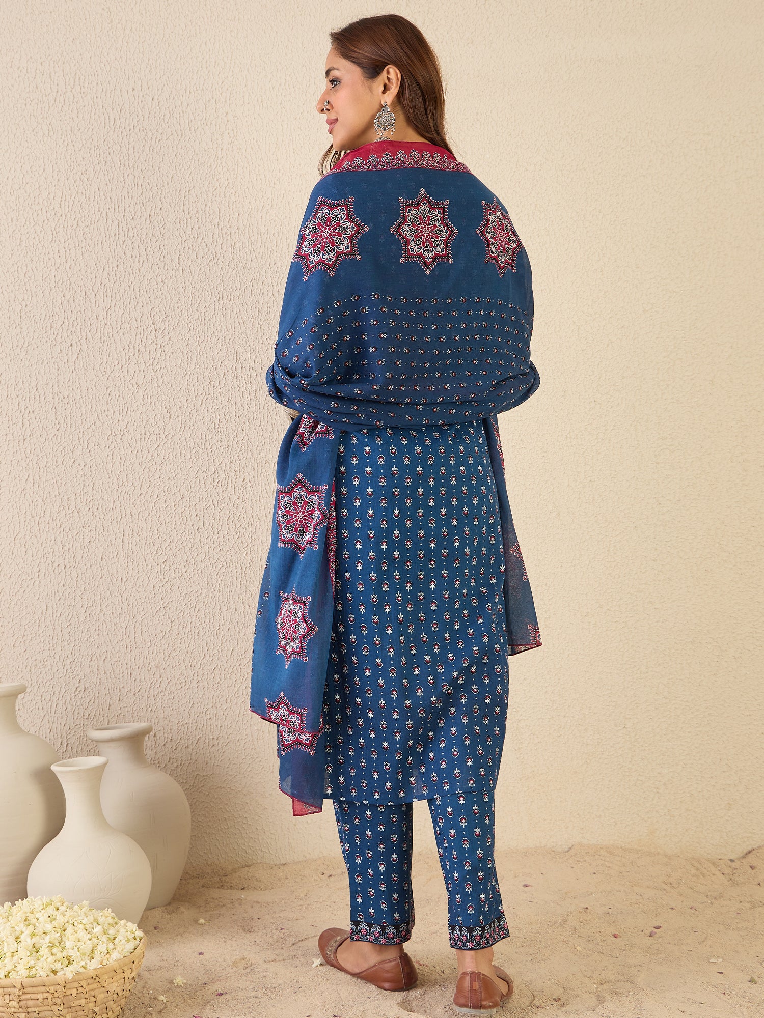 Indo Era Blue Printed A-Line Kurta Trousers With Dupatta set- IE