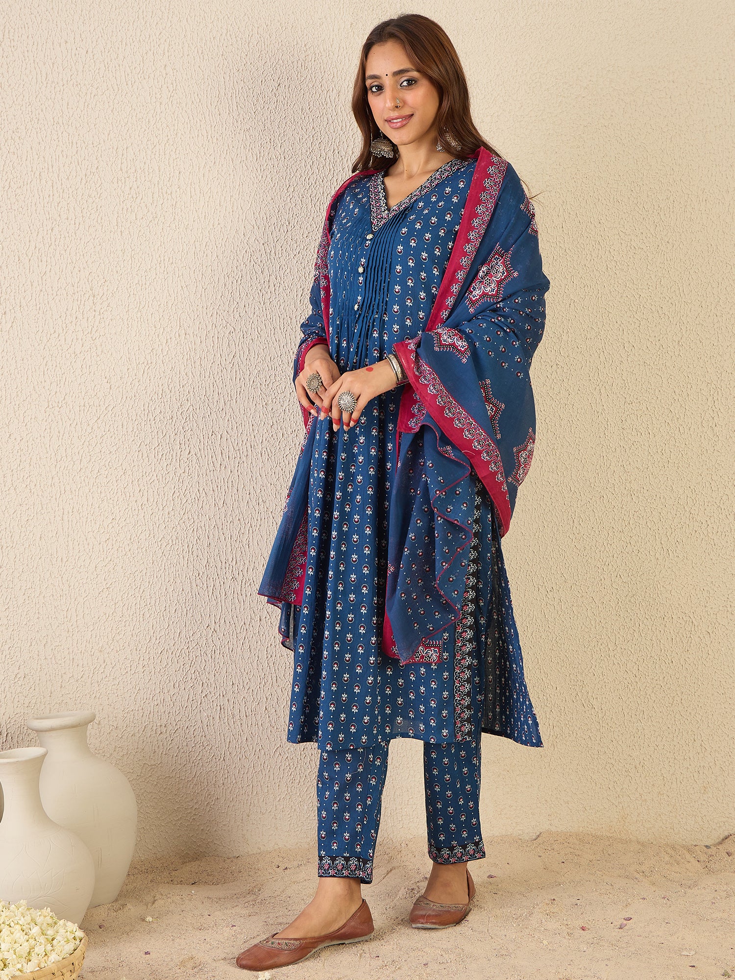 Indo Era Blue Printed A-Line Kurta Trousers With Dupatta set- IE