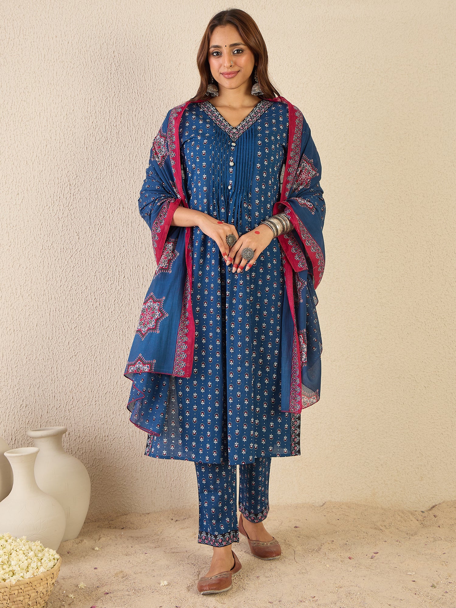 Indo Era Blue Printed A-Line Kurta Trousers With Dupatta set- IE