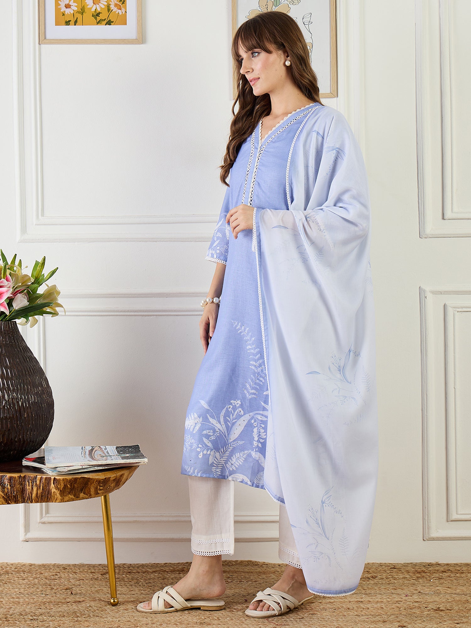 Indo Era Printed Straight Kurta Trousers With Dupatta Set- IE