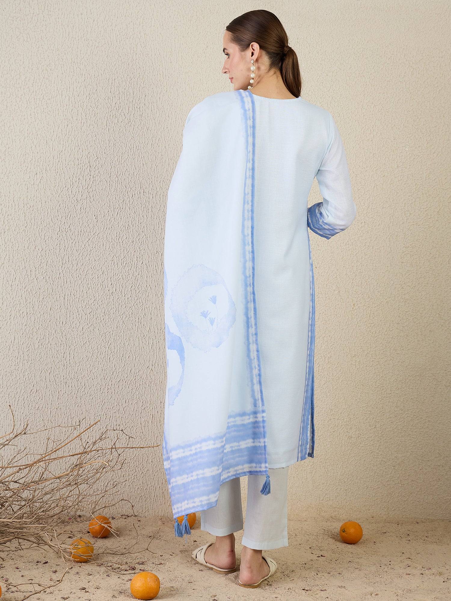 Indo Era Blue Printed Straight Kurta Trousers With Dupatta Set- IE