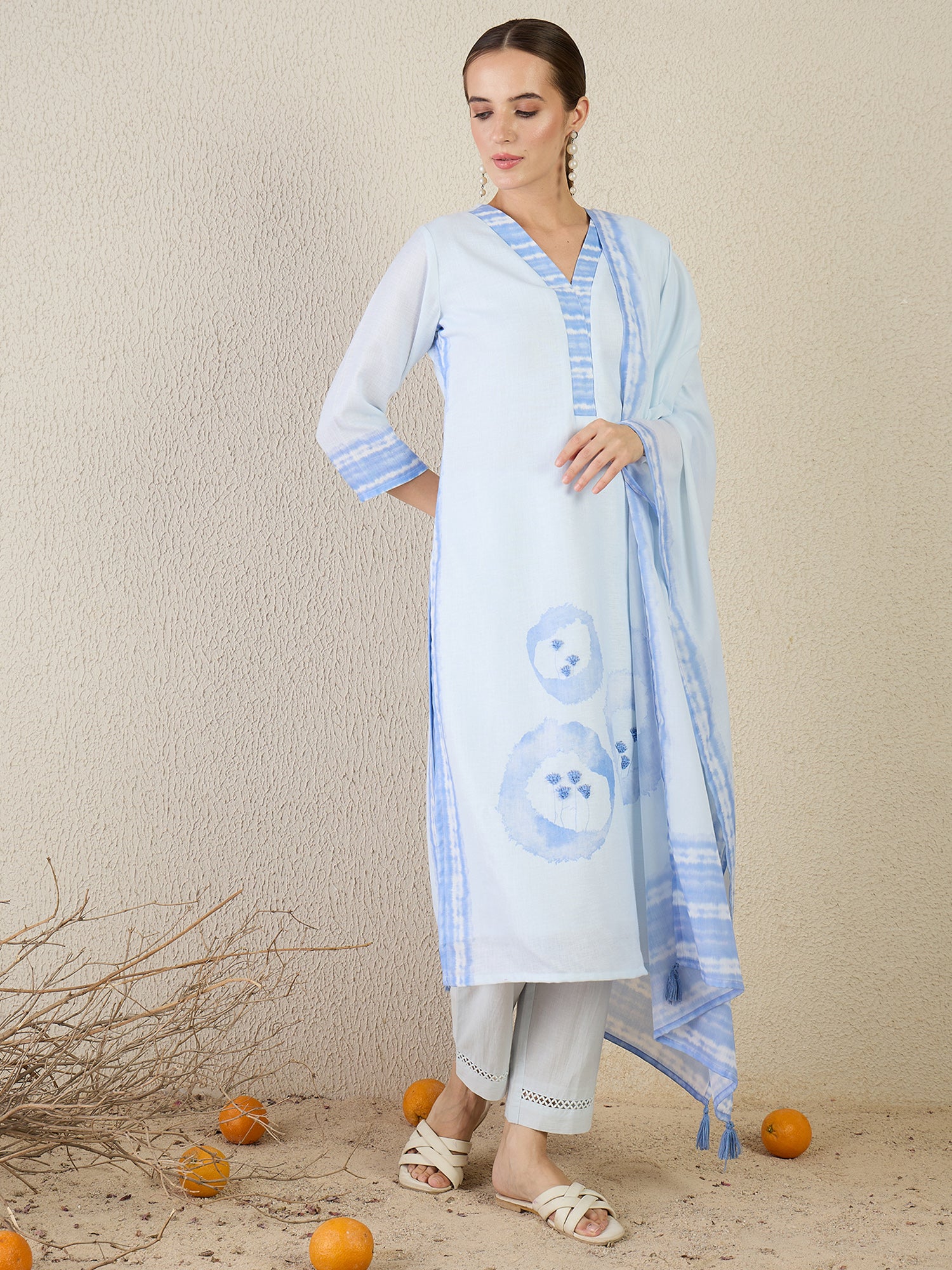 Indo Era Blue Printed Straight Kurta Trousers With Dupatta Set- IE