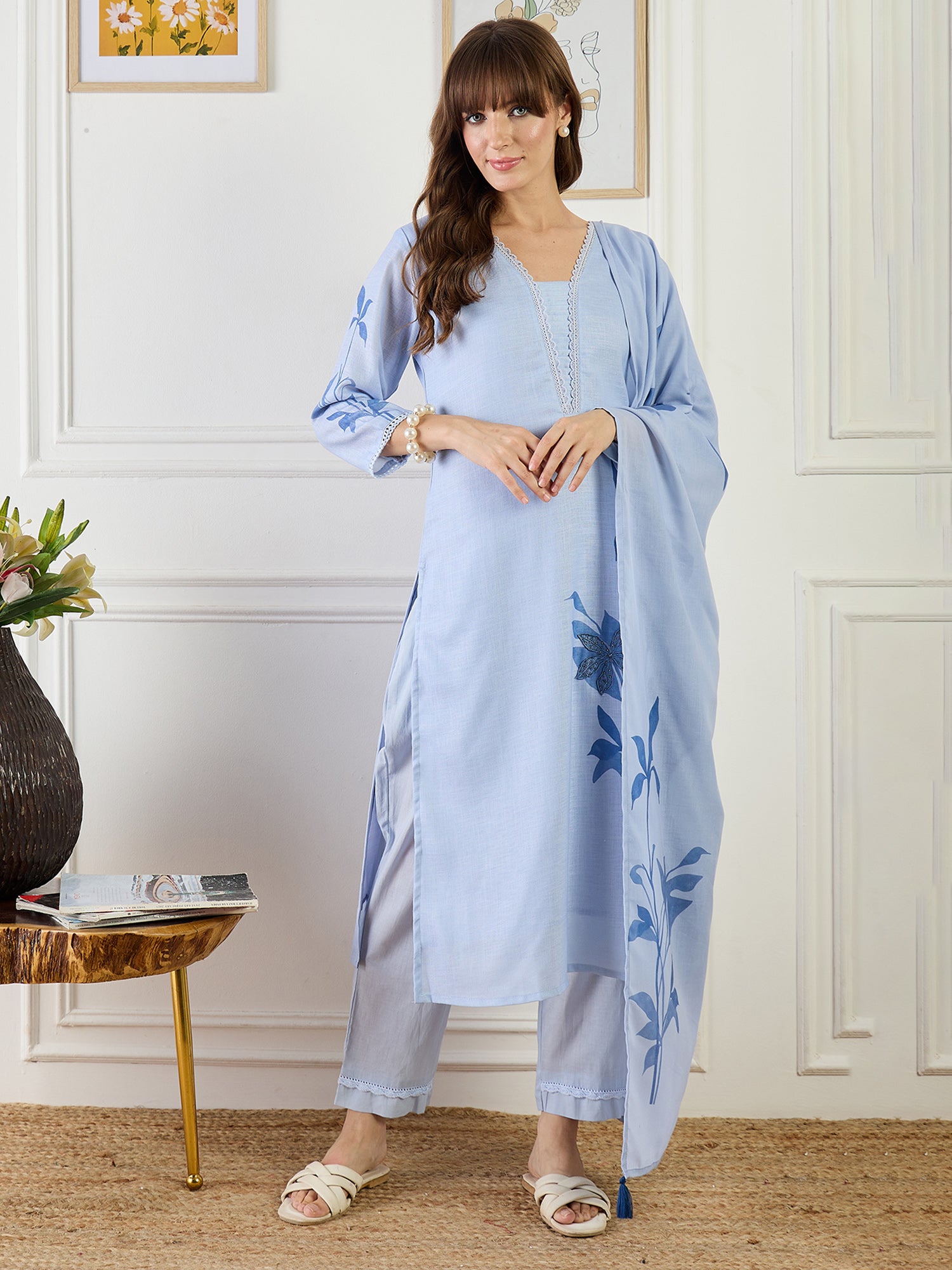 Indo Era Printed Straight Kurta Trousers With Dupatta Set- IE