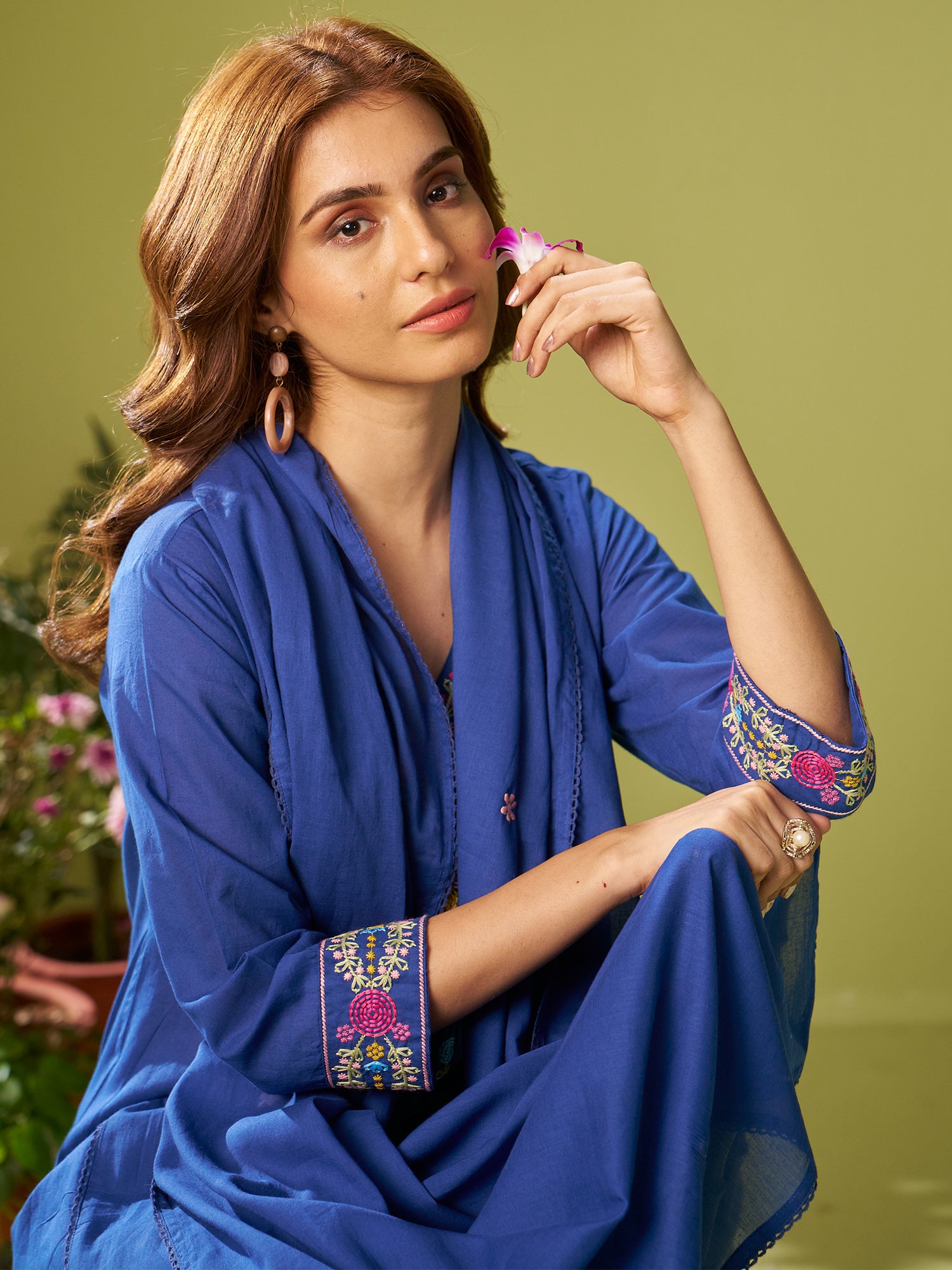 Indo Era Blue Embroidered A-Line Kurta Trousers With Dupatta set- IE