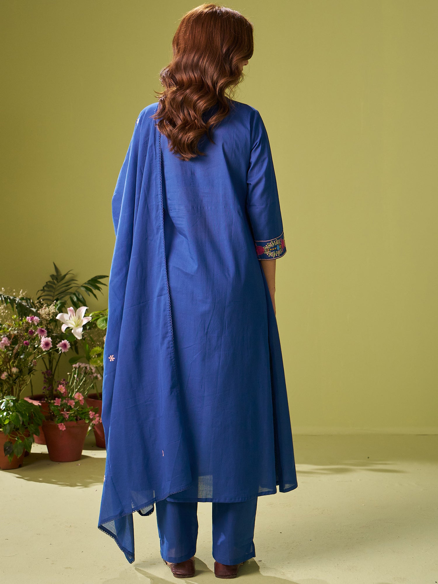 Indo Era Blue Embroidered A-Line Kurta Trousers With Dupatta set- IE