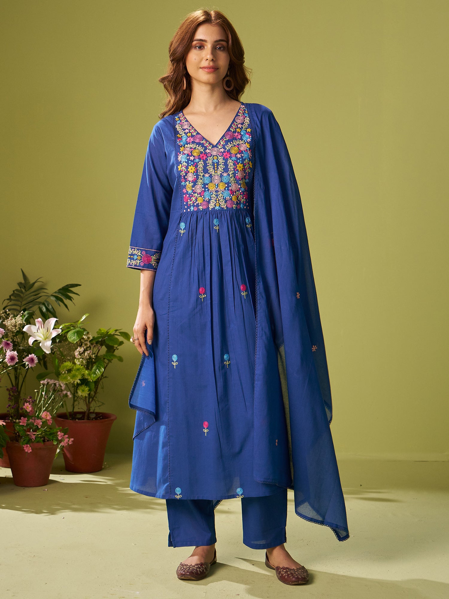 Indo Era Blue Embroidered A-Line Kurta Trousers With Dupatta set- IE