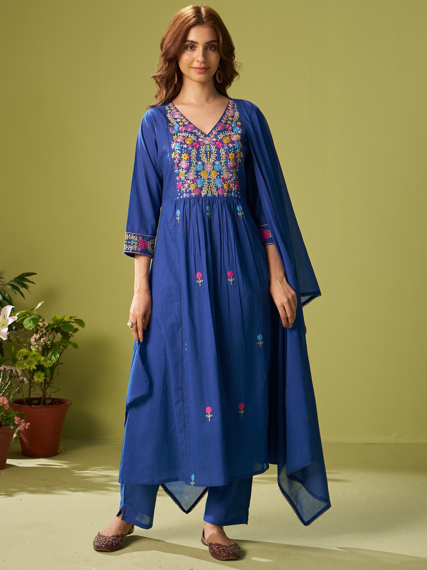 Indo Era Blue Embroidered A-Line Kurta Trousers With Dupatta set- IE