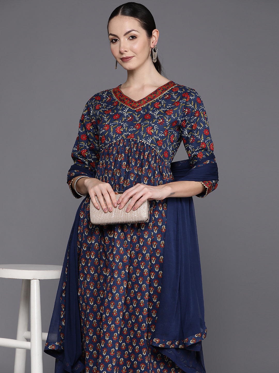 Blue Printed A-Line Kurta Trousers With Dupatta set