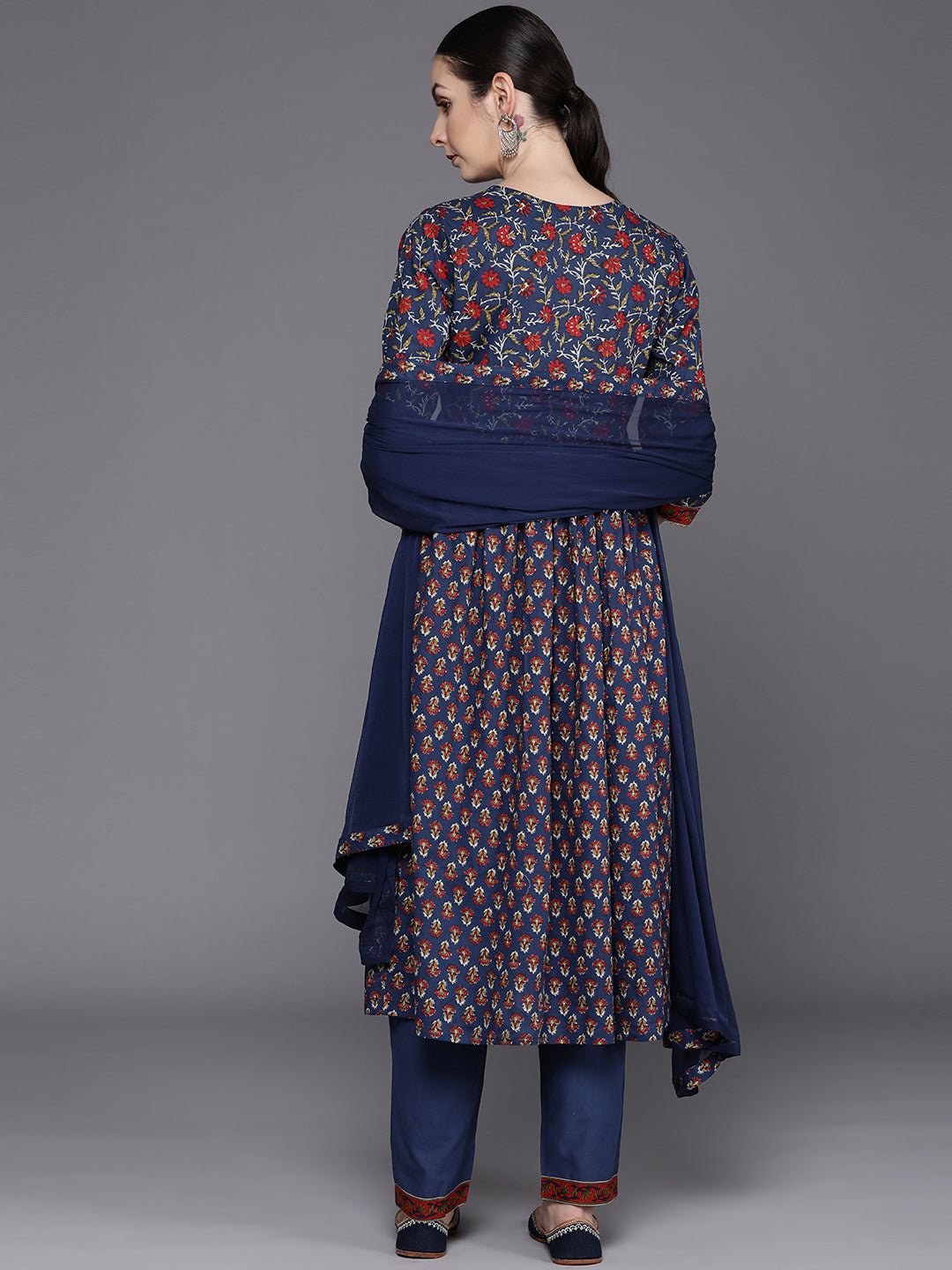 Blue Printed A-Line Kurta Trousers With Dupatta set