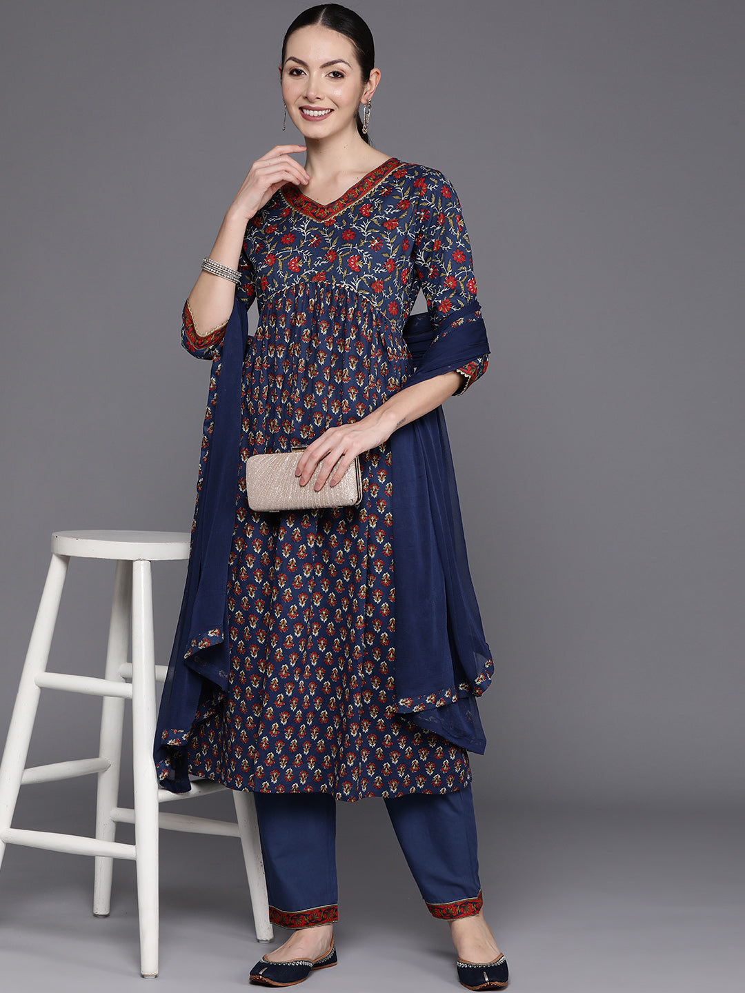 Blue Printed A-Line Kurta Trousers With Dupatta set