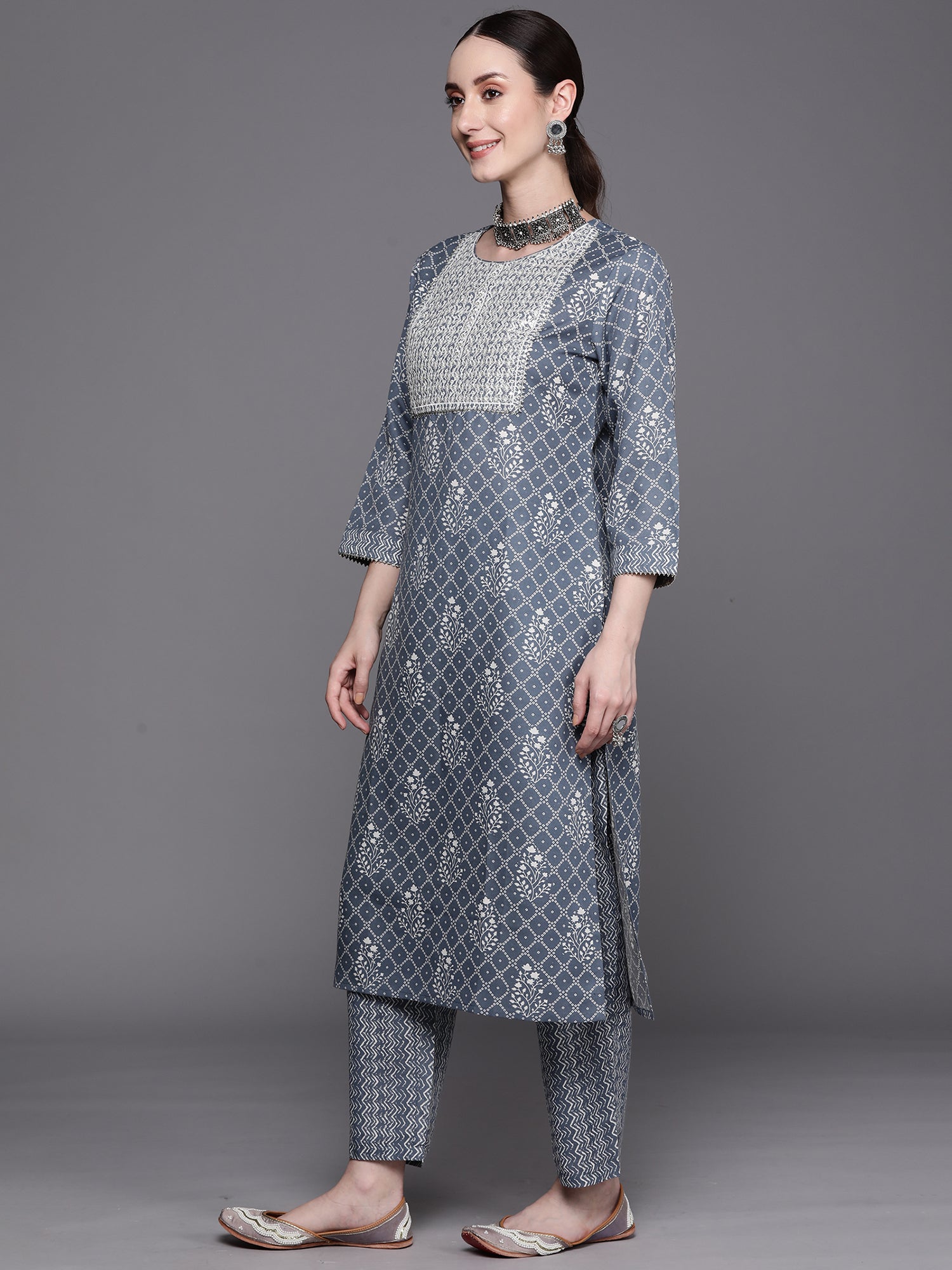 Blue Printed Straight Kurta Trousers With Dupatta Set