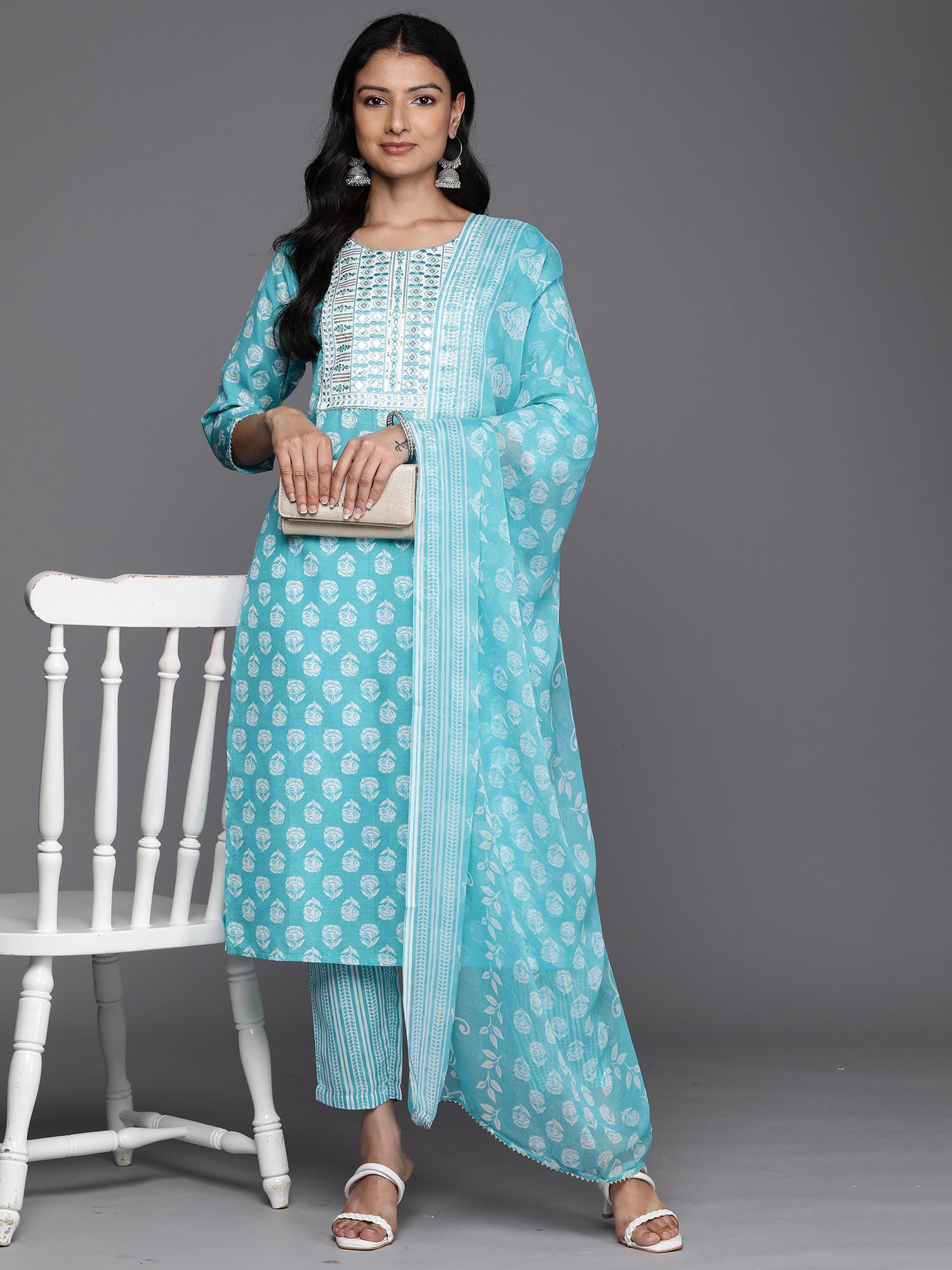 Blue Printed Straight Kurta Trousers With Dupatta Set