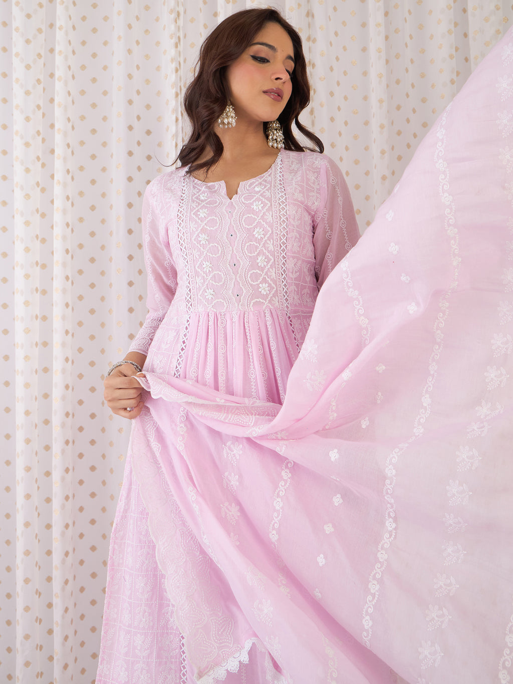 Indo Era Pink Embroidered Anarkali Kurta Trousers With Dupatta Set- IE