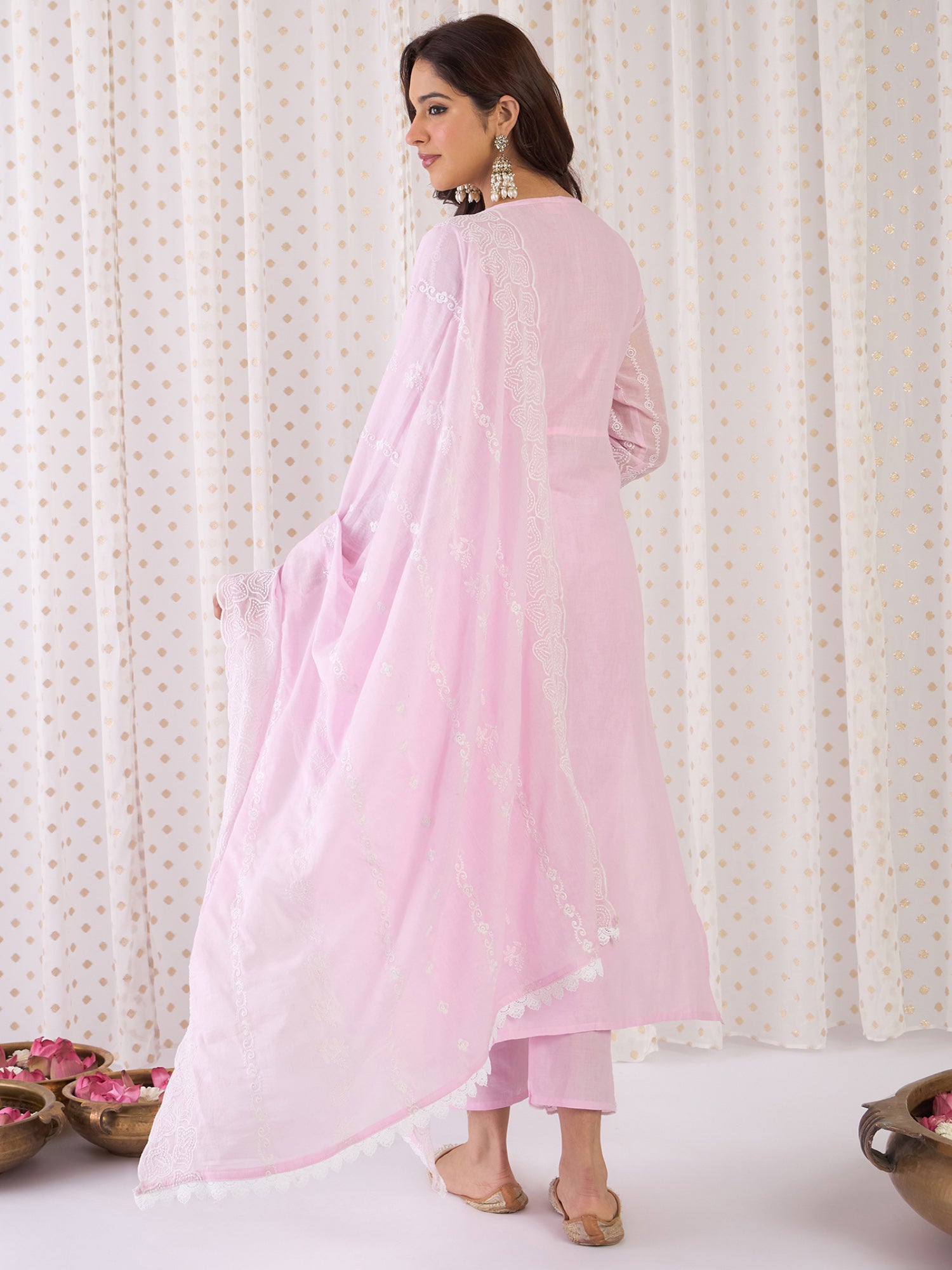 Indo Era Pink Embroidered Anarkali Kurta Trousers With Dupatta Set- IE