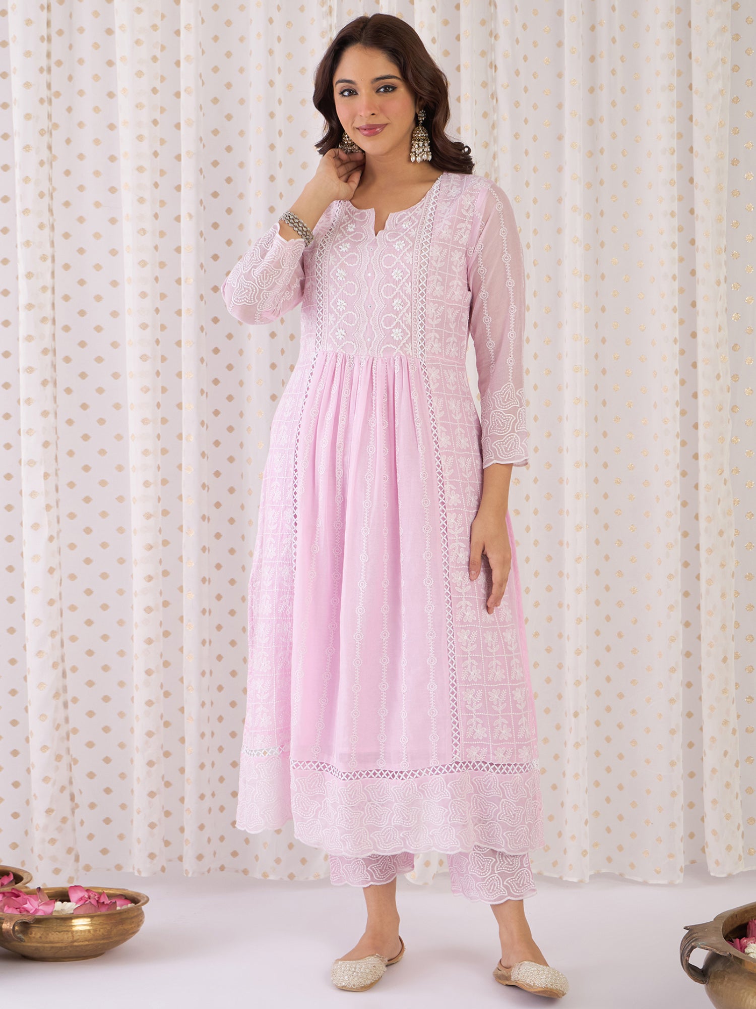 Indo Era Pink Embroidered Anarkali Kurta Trousers With Dupatta Set- IE