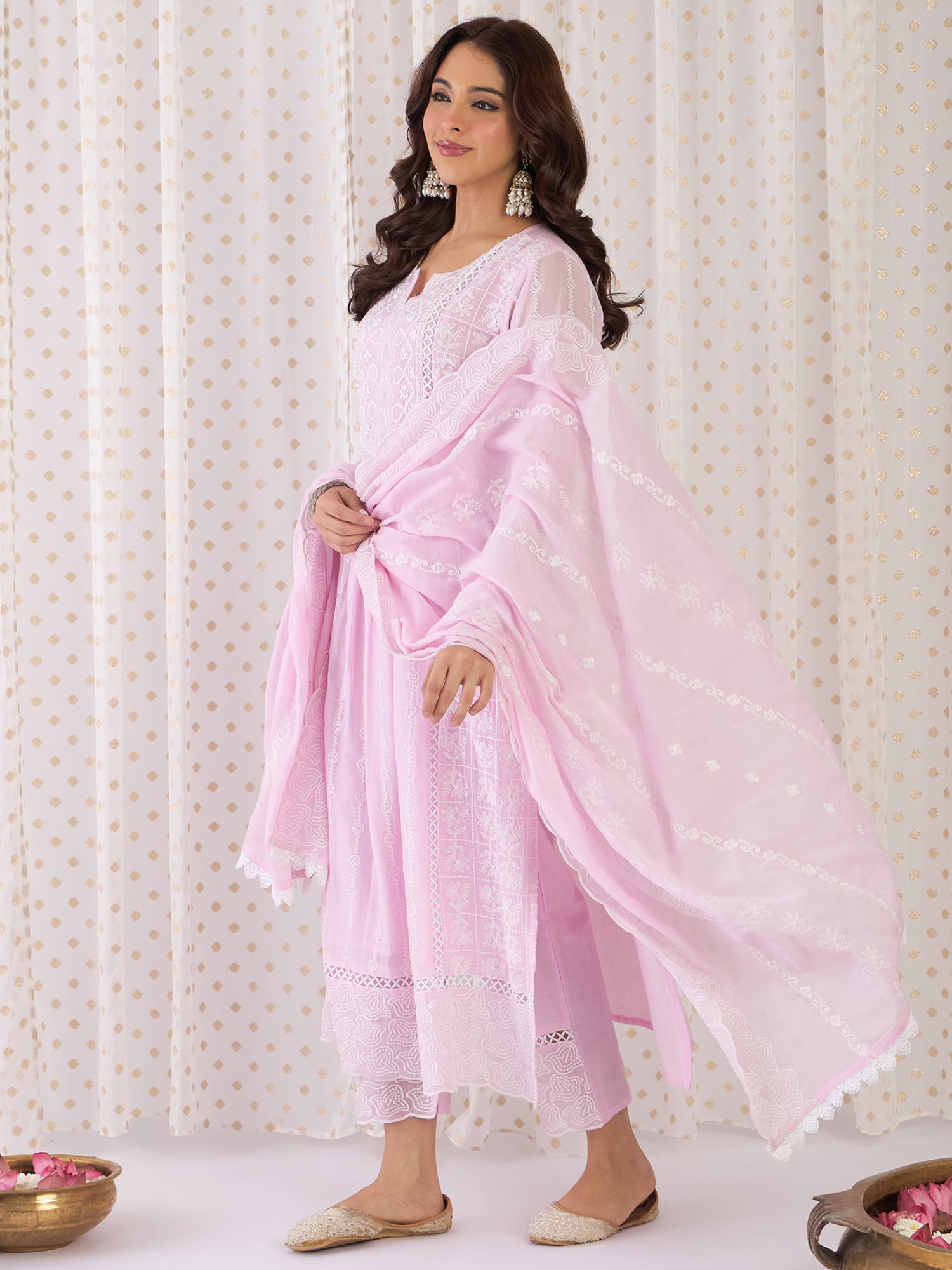 Indo Era Pink Embroidered Anarkali Kurta Trousers With Dupatta Set- IE