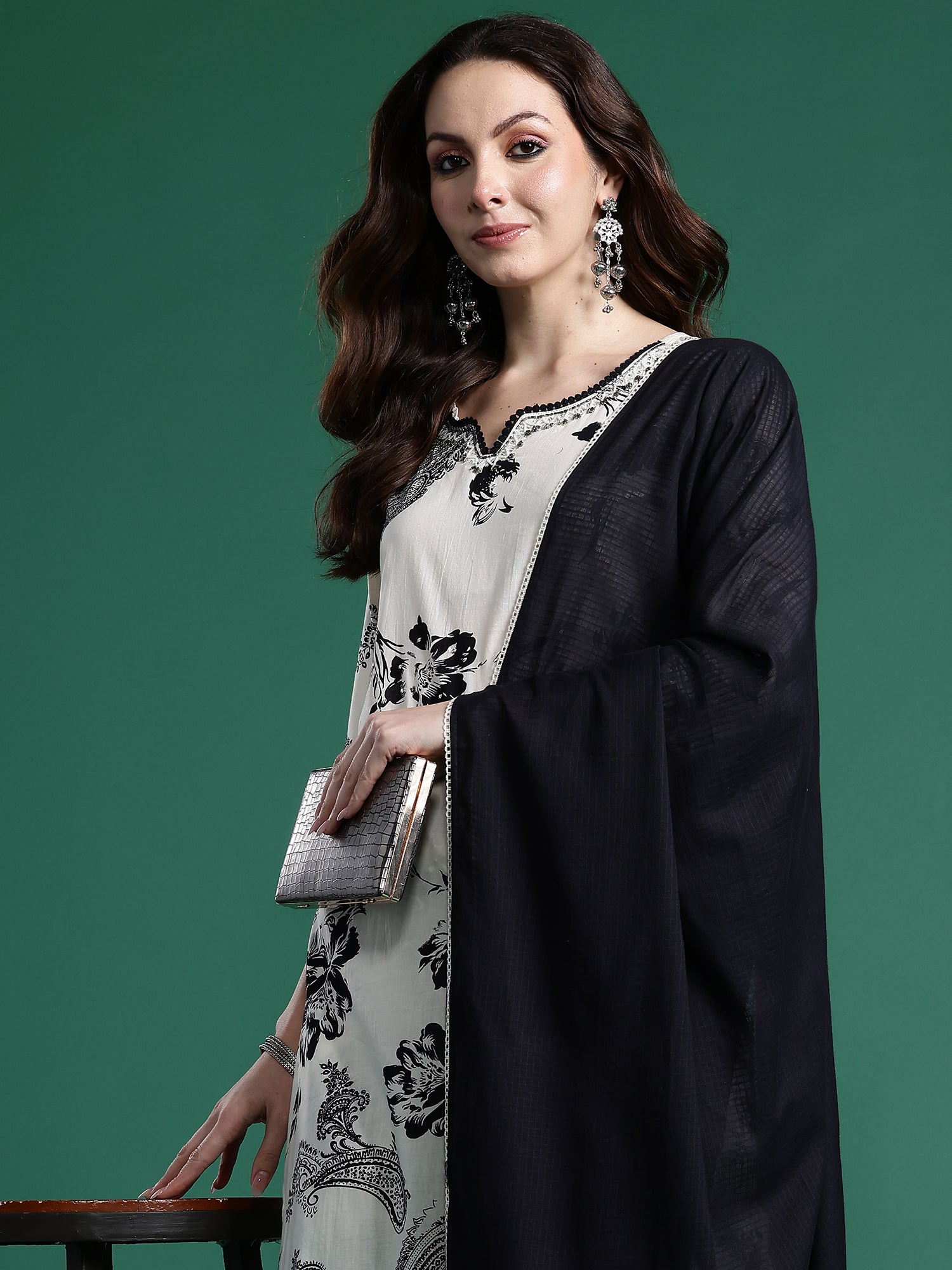 Indo Era Cream Printed Straight Kurta Trousers With Dupatta set- IE