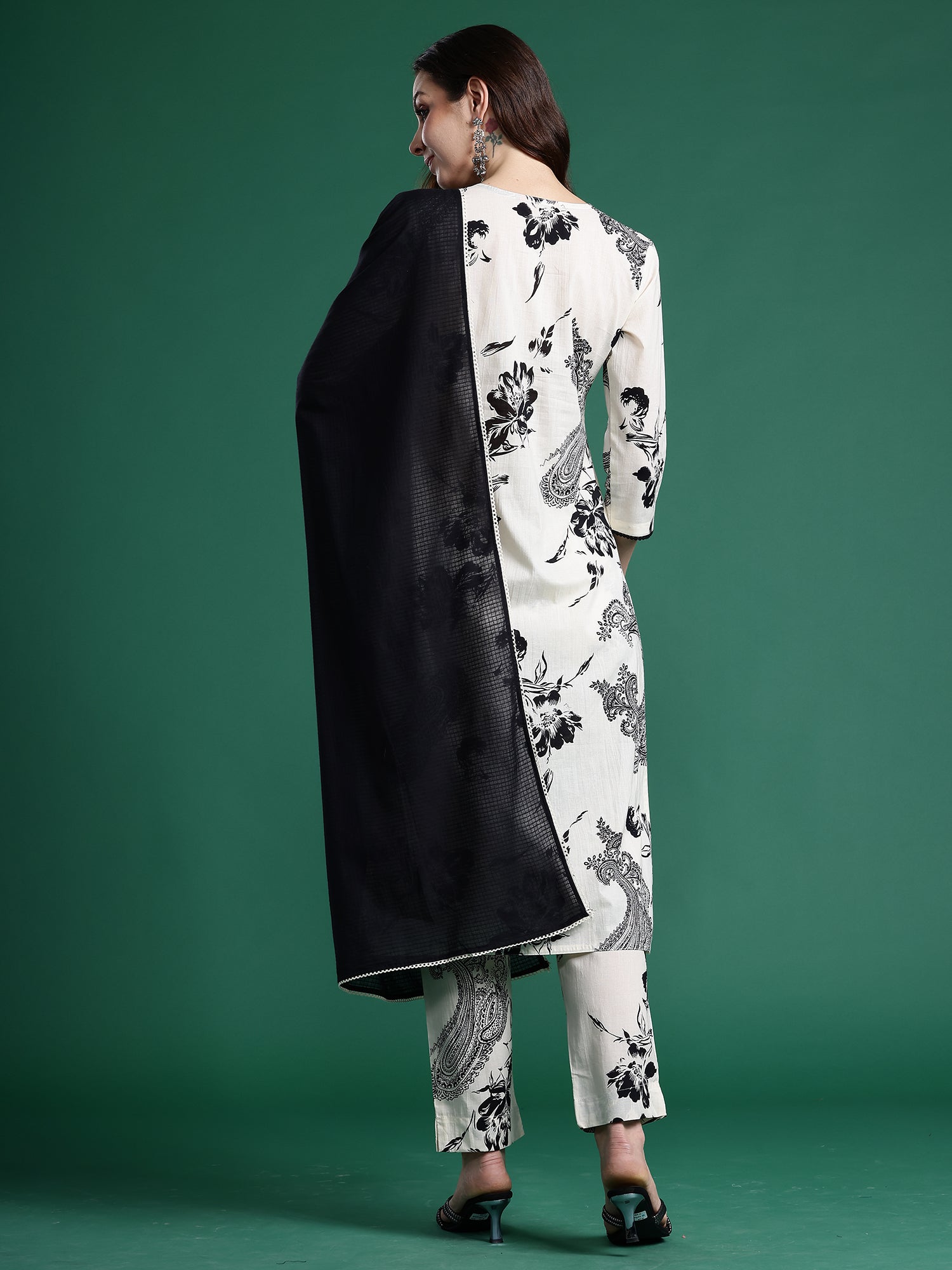 Indo Era Cream Printed Straight Kurta Trousers With Dupatta set- IE