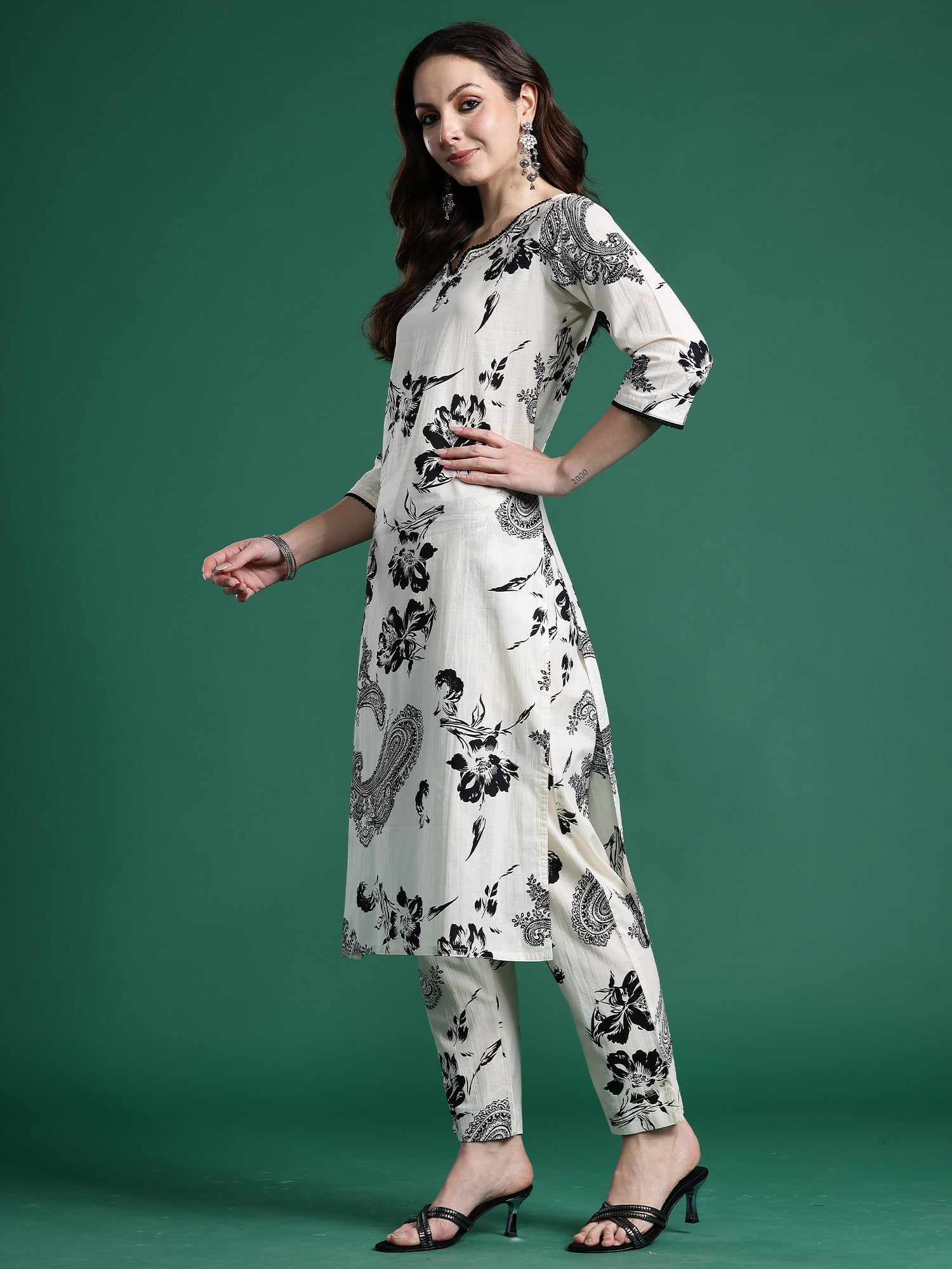 Indo Era Cream Printed Straight Kurta Trousers With Dupatta set- IE