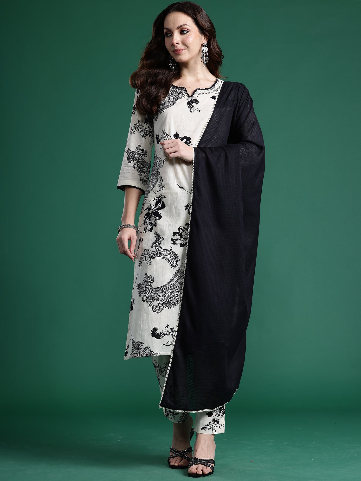 Indo Era Cream Printed Straight Kurta Trousers With Dupatta set- IE