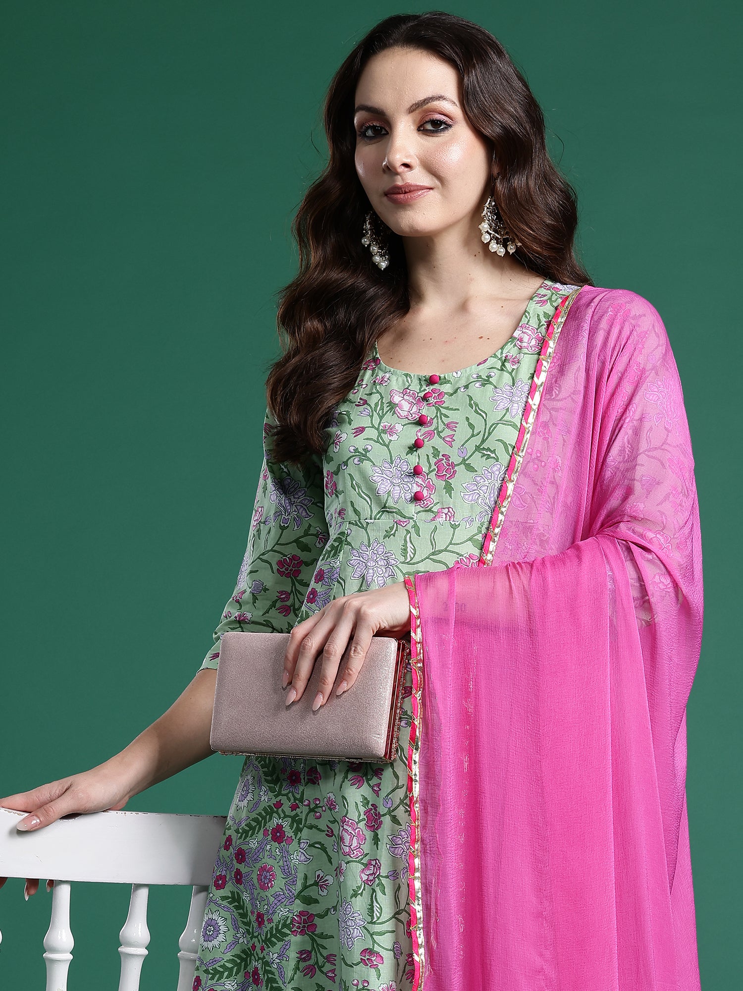 Indo Era Green Printed A-Line Kurta Trousers With Dupatta Set- IE