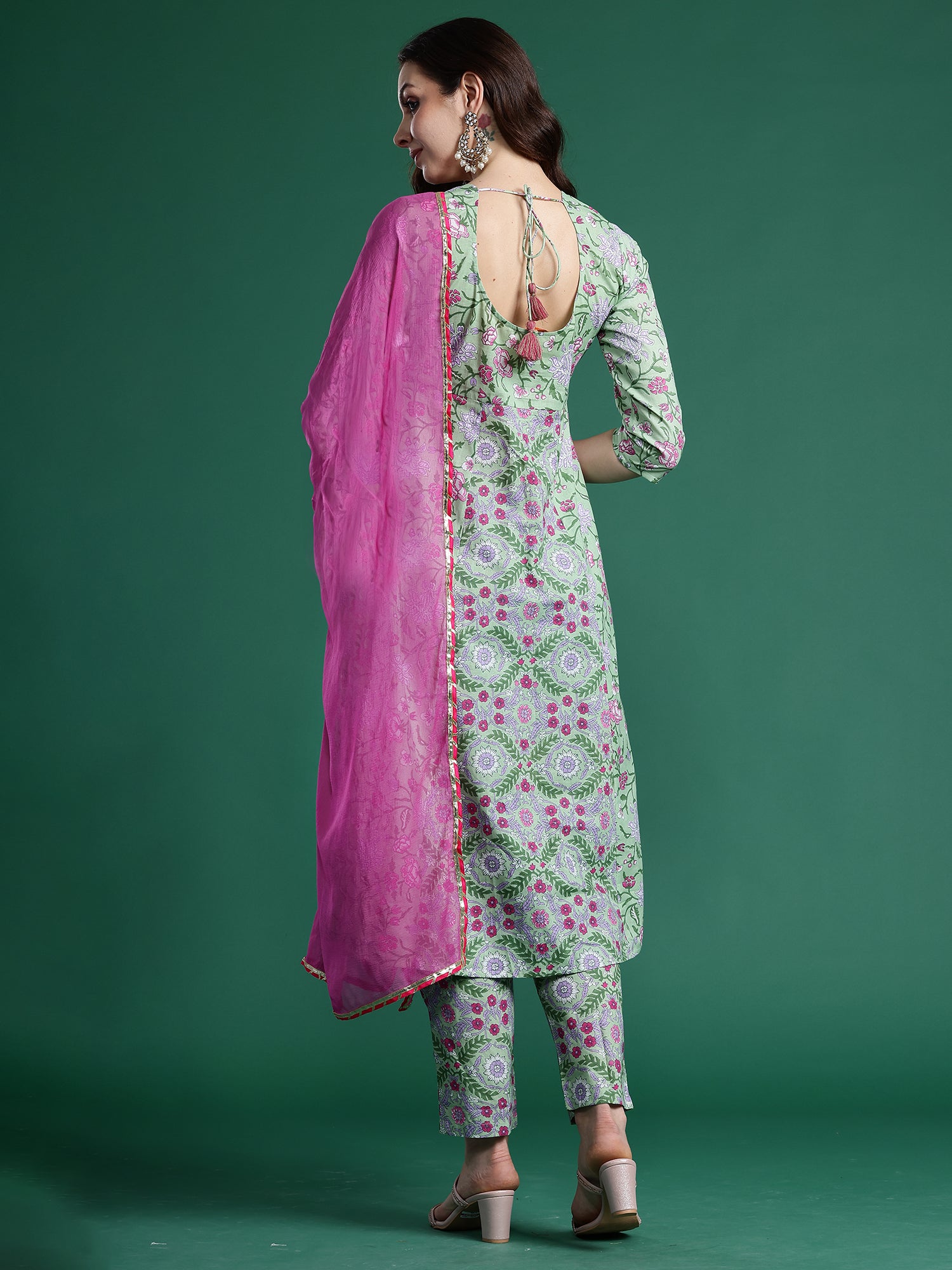 Indo Era Green Printed A-Line Kurta Trousers With Dupatta Set- IE