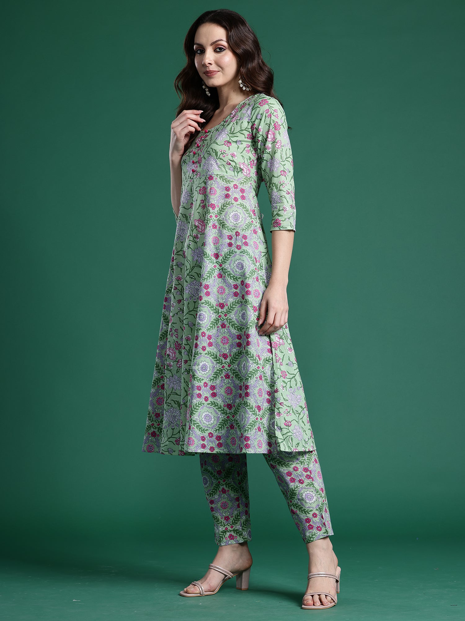 Indo Era Green Printed A-Line Kurta Trousers With Dupatta Set- IE