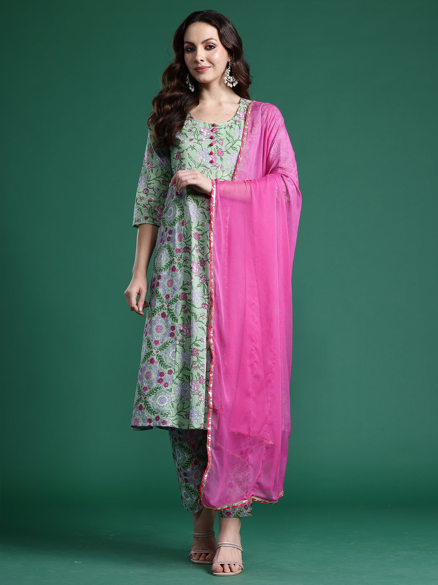 Indo Era Green Printed A-Line Kurta Trousers With Dupatta Set- IE