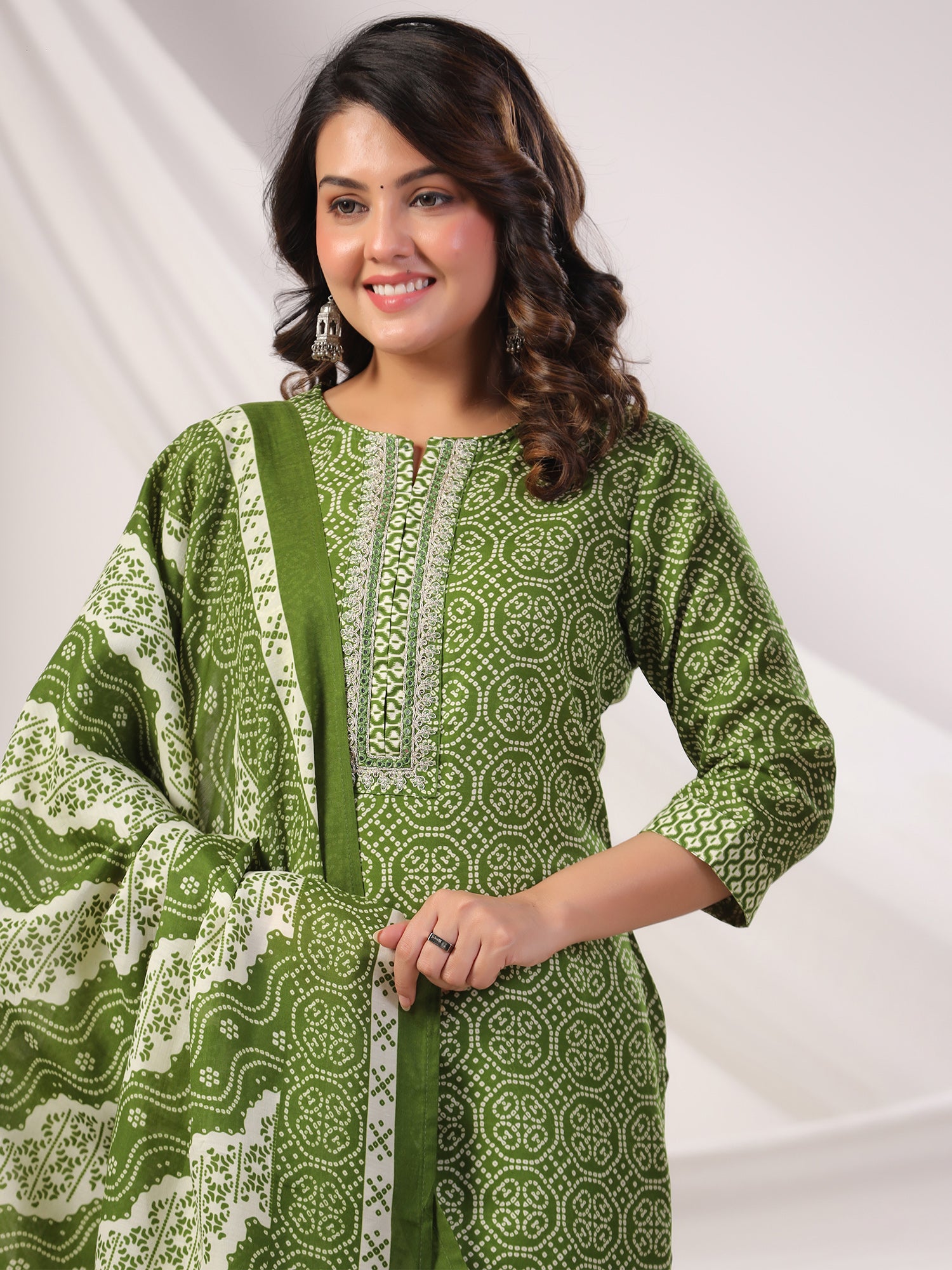 Indo Era Green Printed Straight Kurta Trousers With Dupatta set- IE