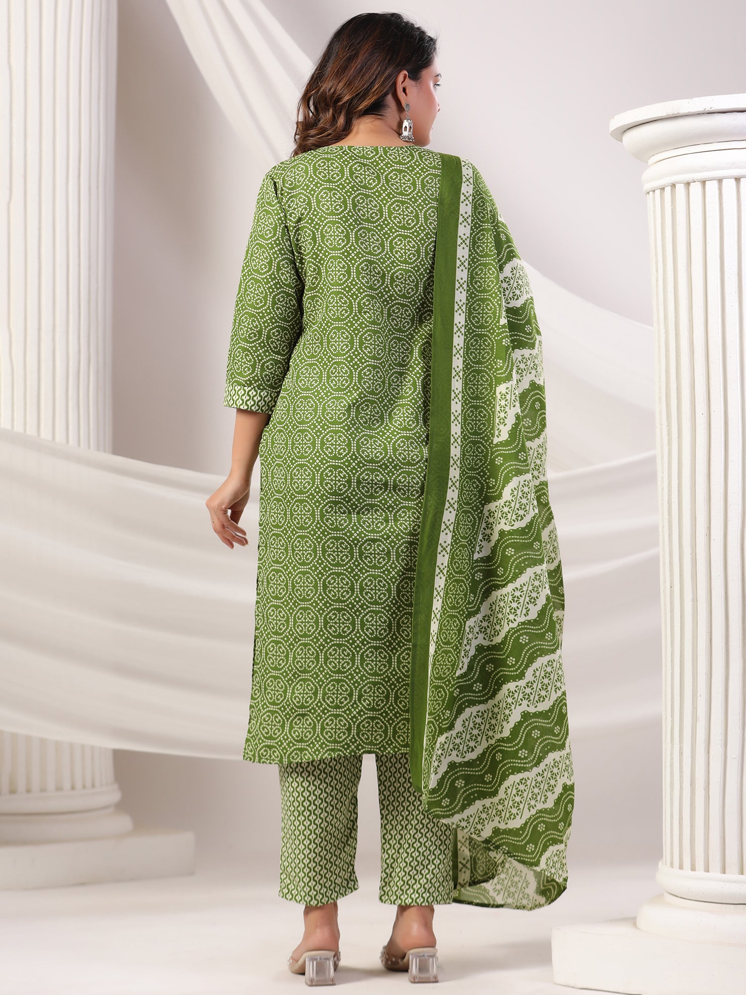 Indo Era Green Printed Straight Kurta Trousers With Dupatta set- IE